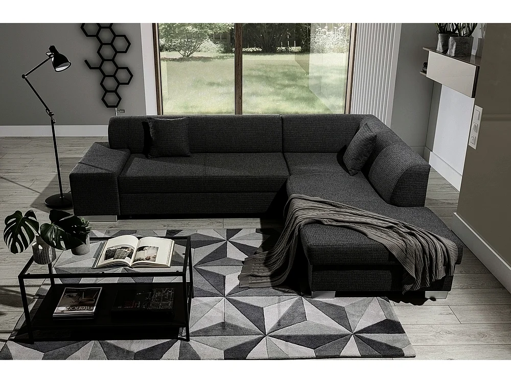 Canapé d'angle convertible en tissu luxe 5 places, coffre, noir, angle droit (vu de face), PORTOFINO