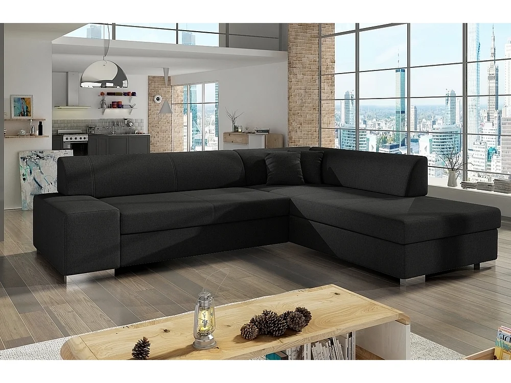 Canapé d'angle convertible en tissu luxe 5 places, coffre, noir, angle droit (vu de face), PORTOFINO