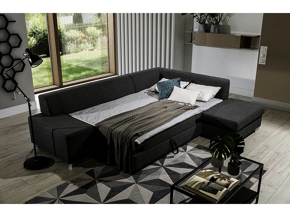 Canapé d'angle convertible en tissu luxe 5 places, coffre, noir, angle droit (vu de face), PORTOFINO