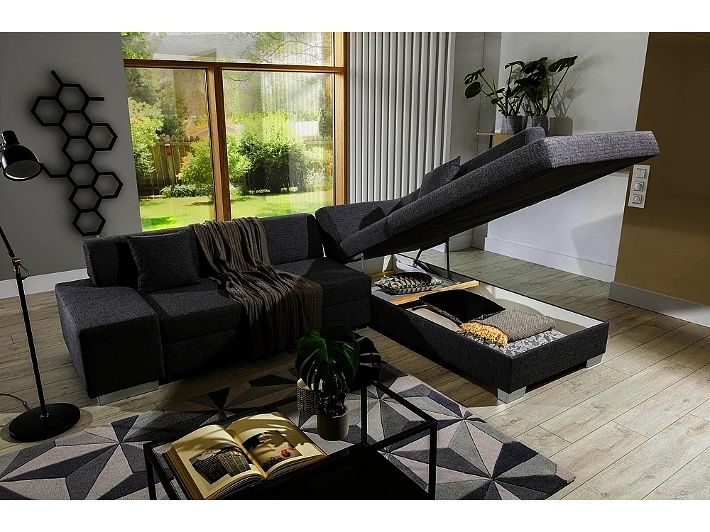 Canapé d'angle convertible en tissu luxe 5 places, coffre, noir, angle droit (vu de face), PORTOFINO