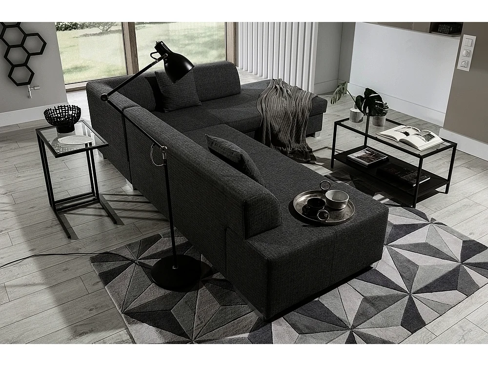 Canapé d'angle convertible en tissu luxe 5 places, coffre, noir, angle droit (vu de face), PORTOFINO