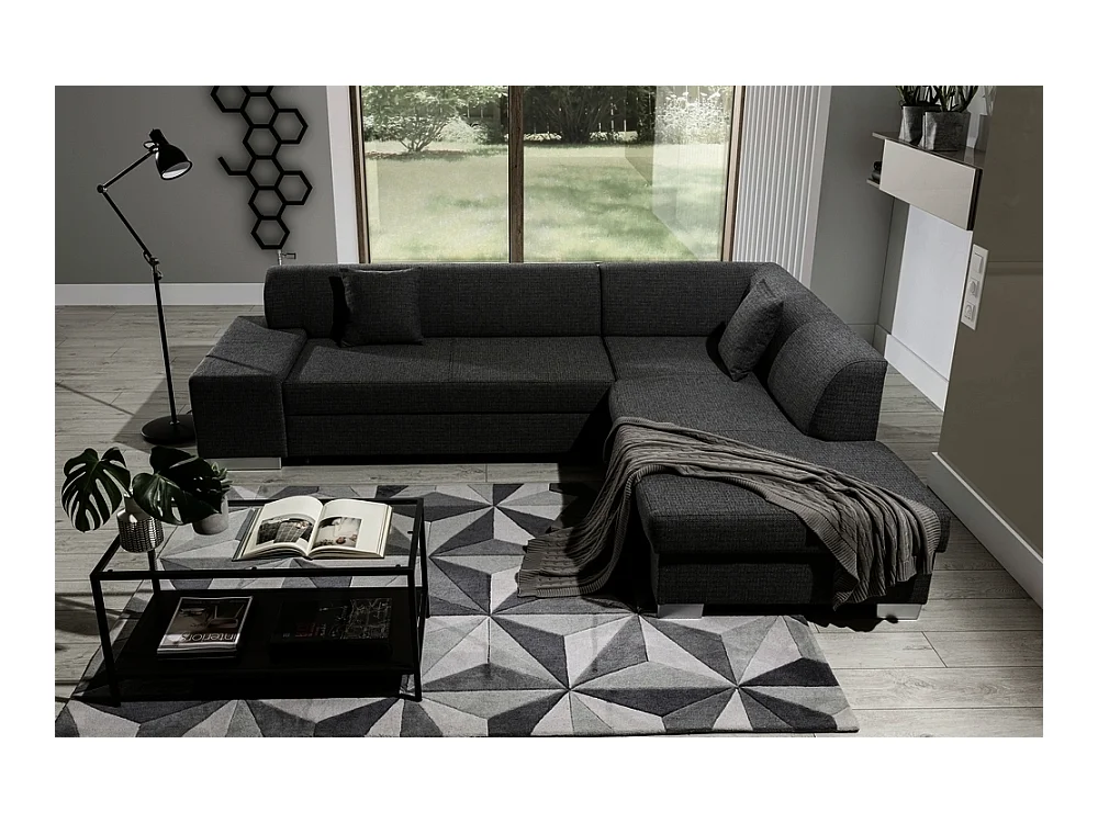 Canapé d'angle convertible en tissu luxe 5 places, coffre, noir, angle droit (vu de face), PORTOFINO