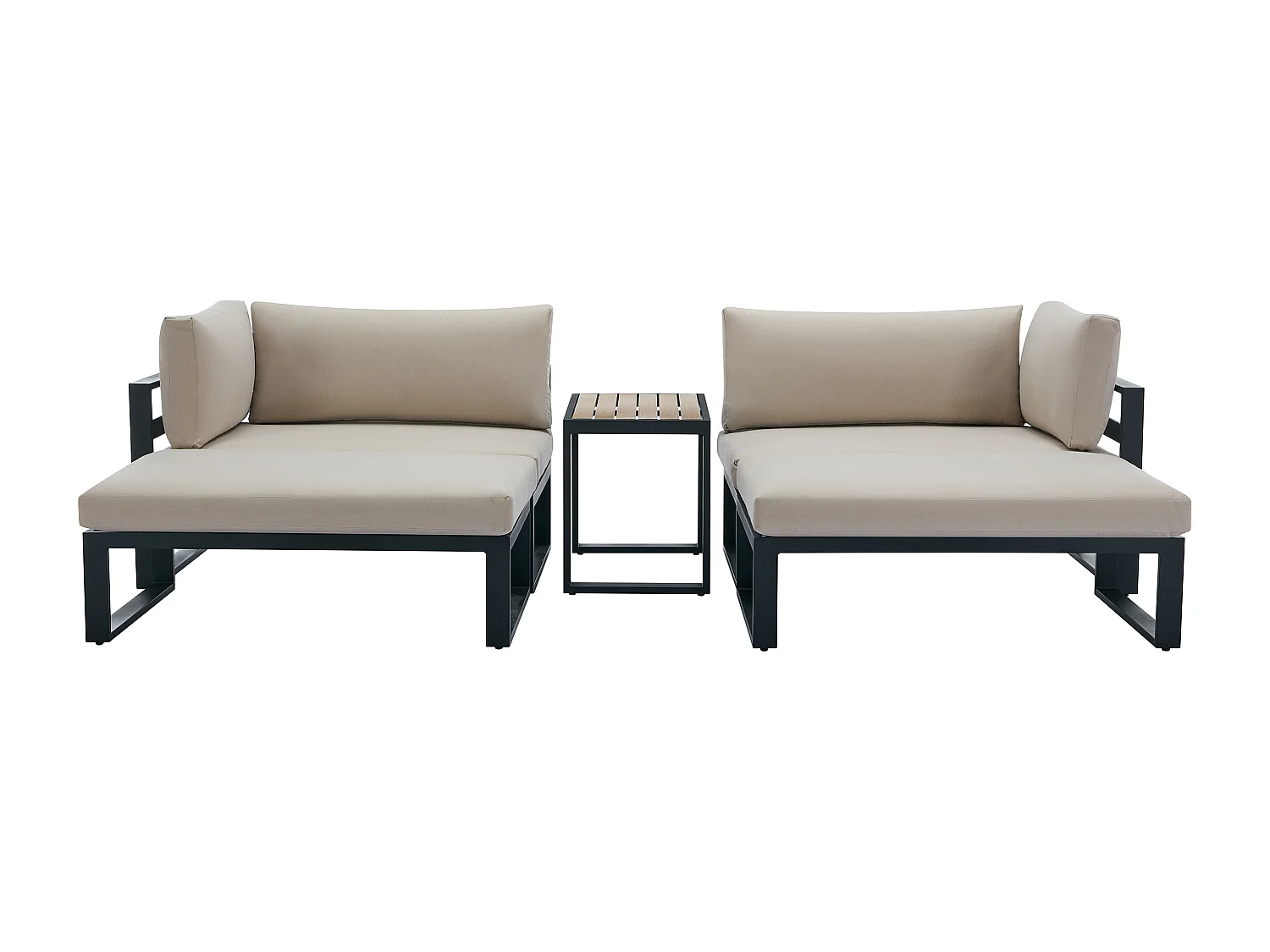 Salon de jardin modulable en aluminium : 2 fauteuils d'angle, 2 poufs et une table basse - Noir avec coussins beige - NOLLAY de MYLIA