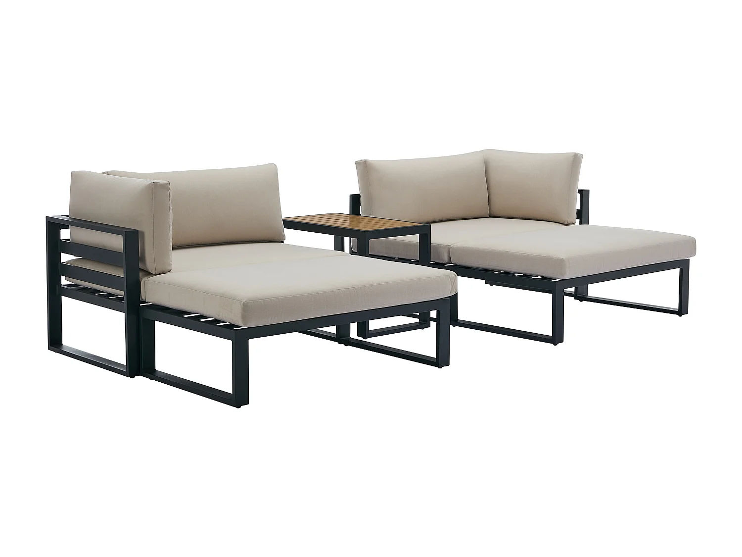 Salon de jardin modulable en aluminium : 2 fauteuils d'angle, 2 poufs et une table basse - Noir avec coussins beige - NOLLAY de MYLIA