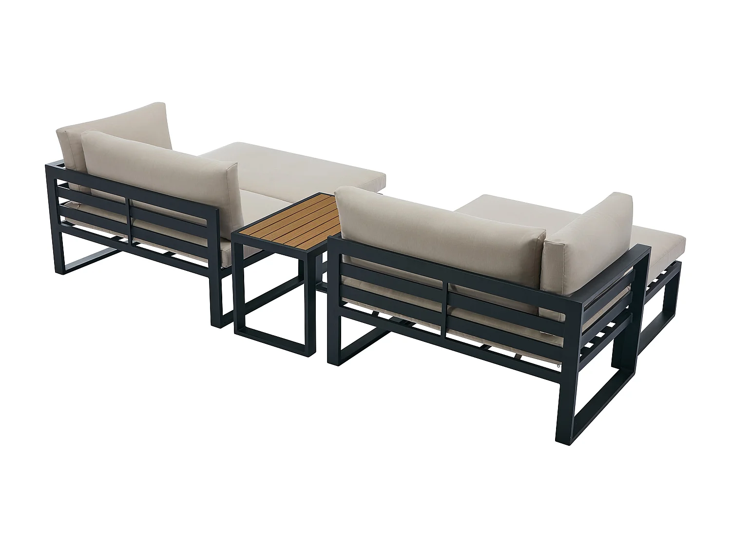 Salon de jardin modulable en aluminium : 2 fauteuils d'angle, 2 poufs et une table basse - Noir avec coussins beige - NOLLAY de MYLIA
