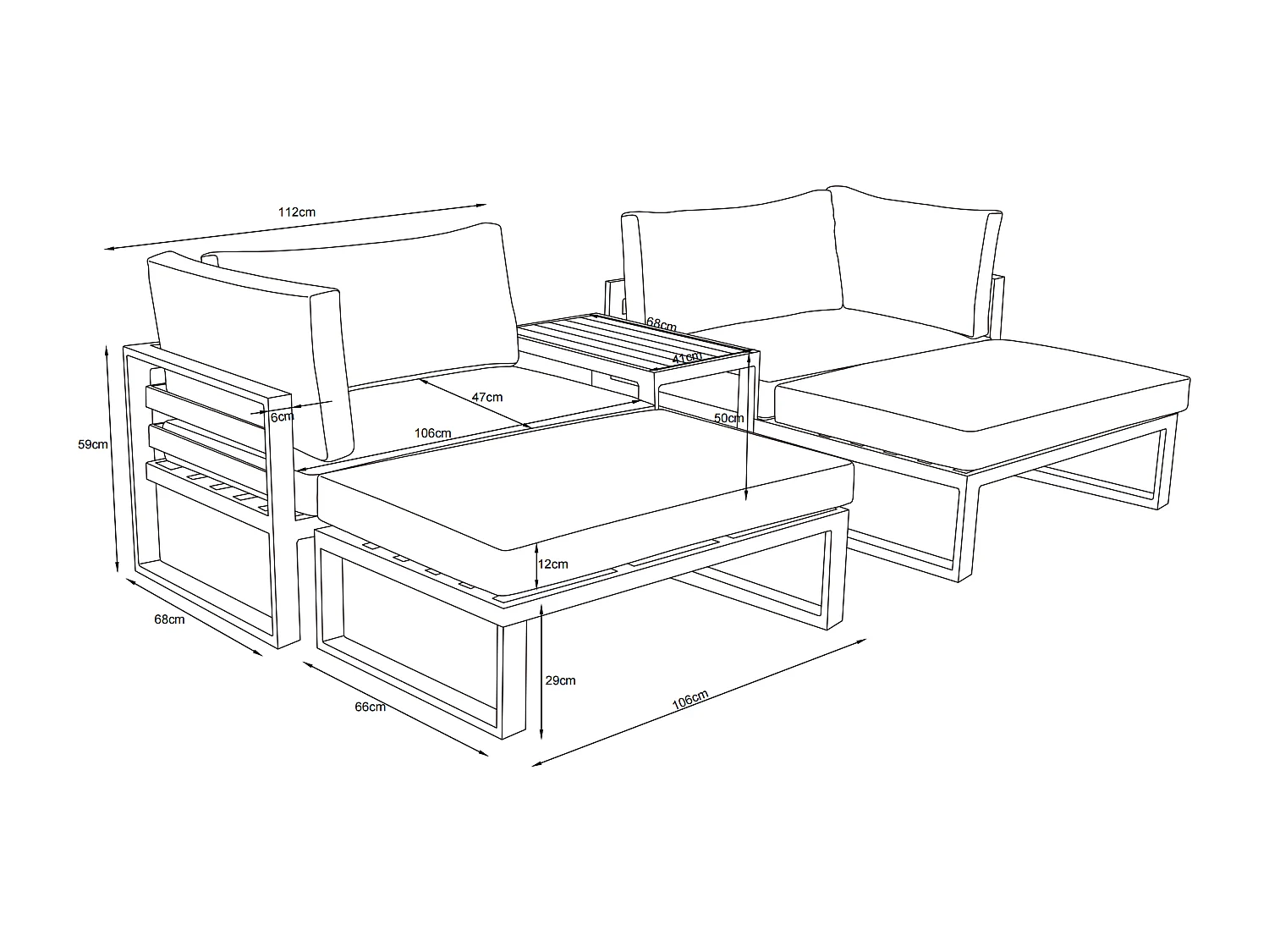 Salon de jardin modulable en aluminium : 2 fauteuils d'angle, 2 poufs et une table basse - Noir avec coussins beige - NOLLAY de MYLIA