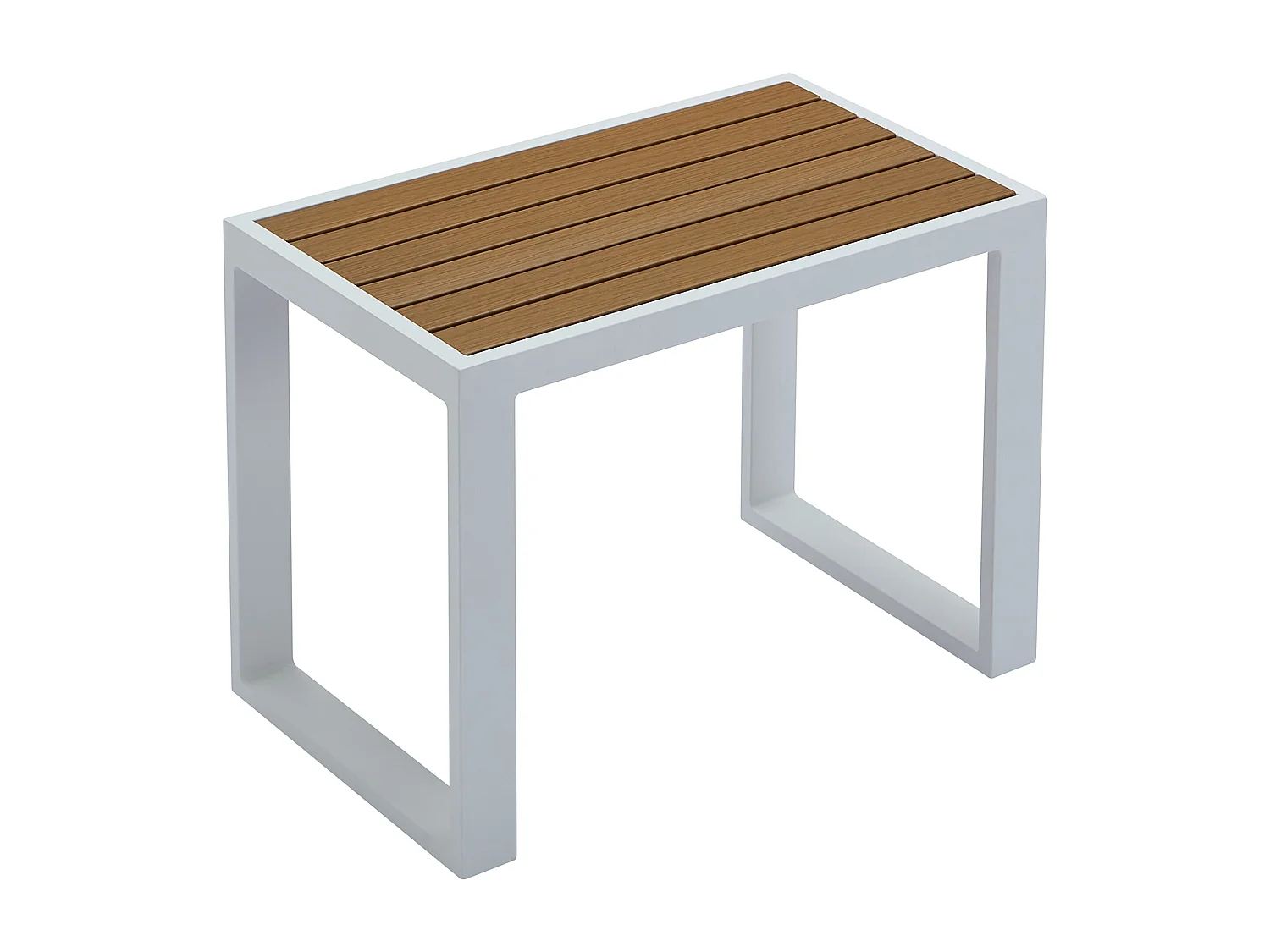 Salotto giardino modul. Alluminio: 2 poltrone angolari 2 pouf tavolino Bianco cuscini Beige  - NOLLAY di MYLIA