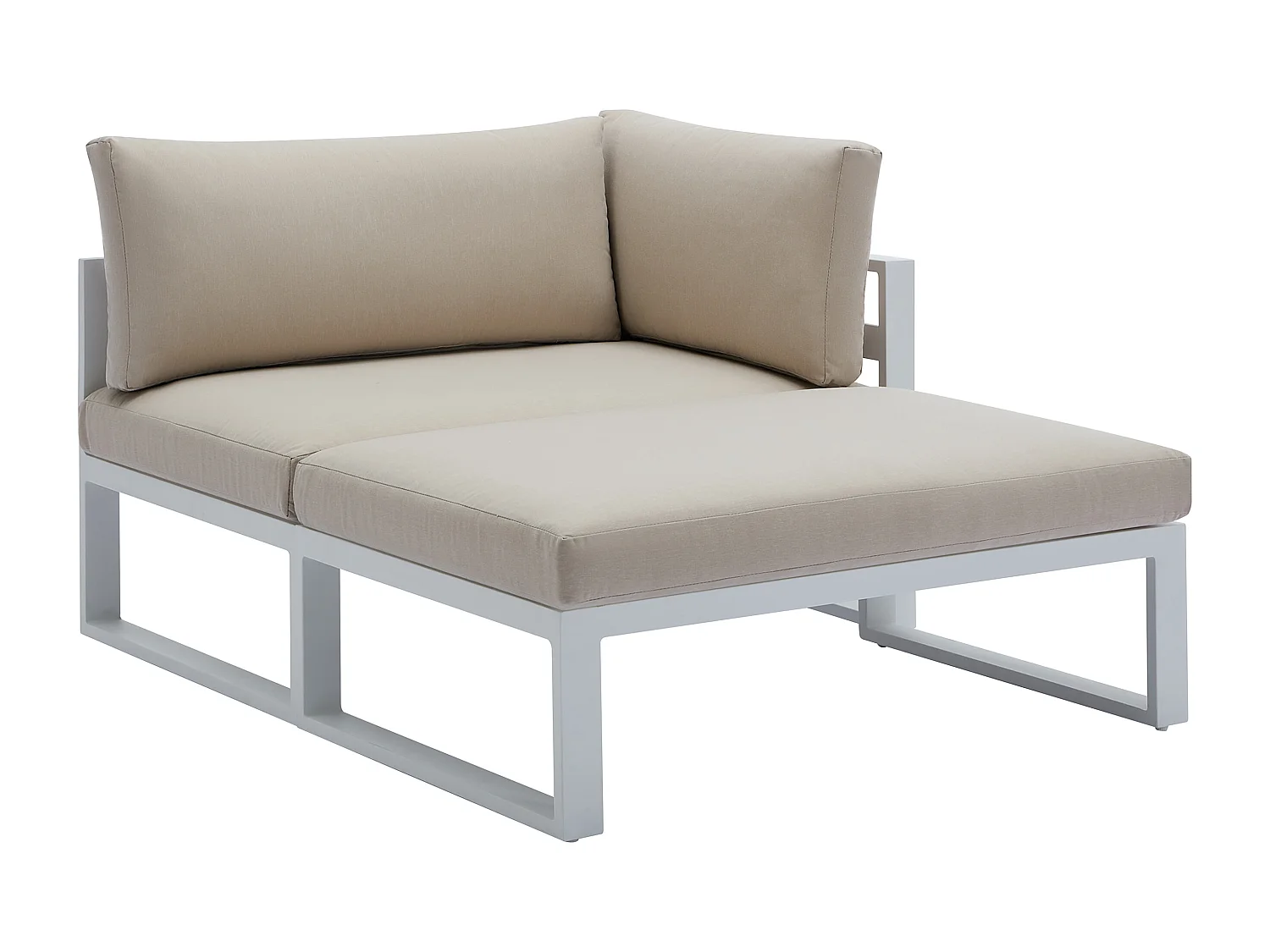 Salotto giardino modul. Alluminio: 2 poltrone angolari 2 pouf tavolino Bianco cuscini Beige  - NOLLAY di MYLIA