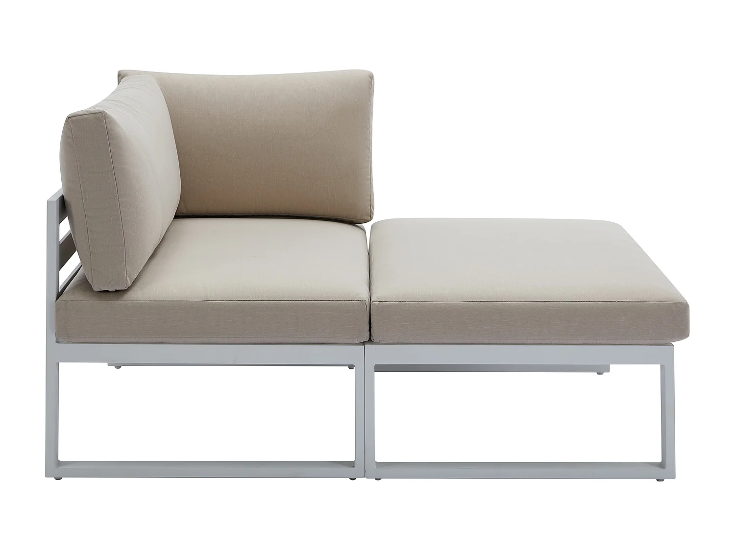 Salotto giardino modul. Alluminio: 2 poltrone angolari 2 pouf tavolino Bianco cuscini Beige  - NOLLAY di MYLIA