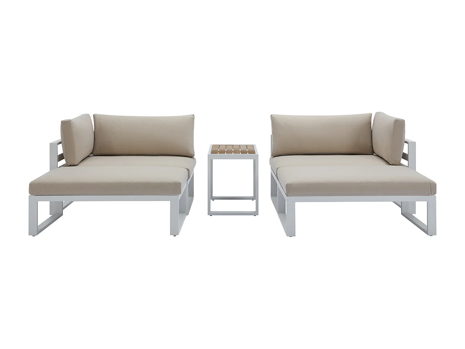 Salon de jardin modulable en aluminium : 2 fauteuils d'angle, 2 poufs et une table basse - Blanc avec coussins beige - NOLLAY de MYLIA