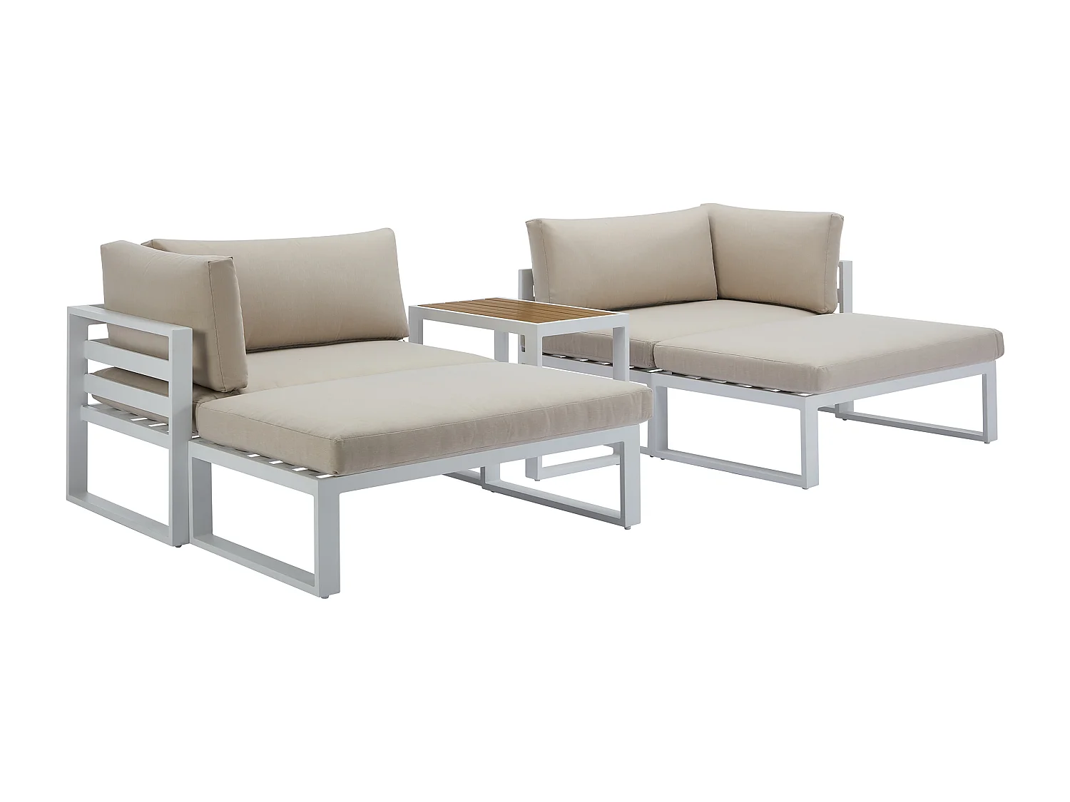 Salon de jardin modulable en aluminium : 2 fauteuils d'angle, 2 poufs et une table basse - Blanc avec coussins beige - NOLLAY de MYLIA