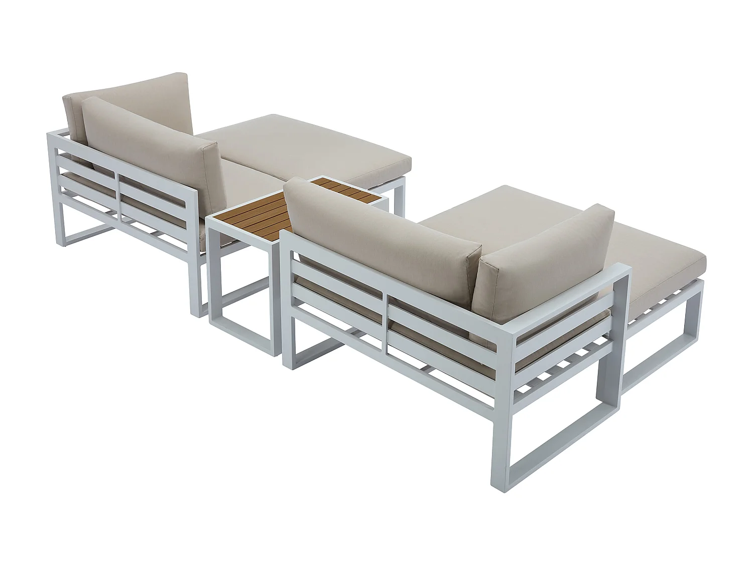 Salon de jardin modulable en aluminium : 2 fauteuils d'angle, 2 poufs et une table basse - Blanc avec coussins beige - NOLLAY de MYLIA