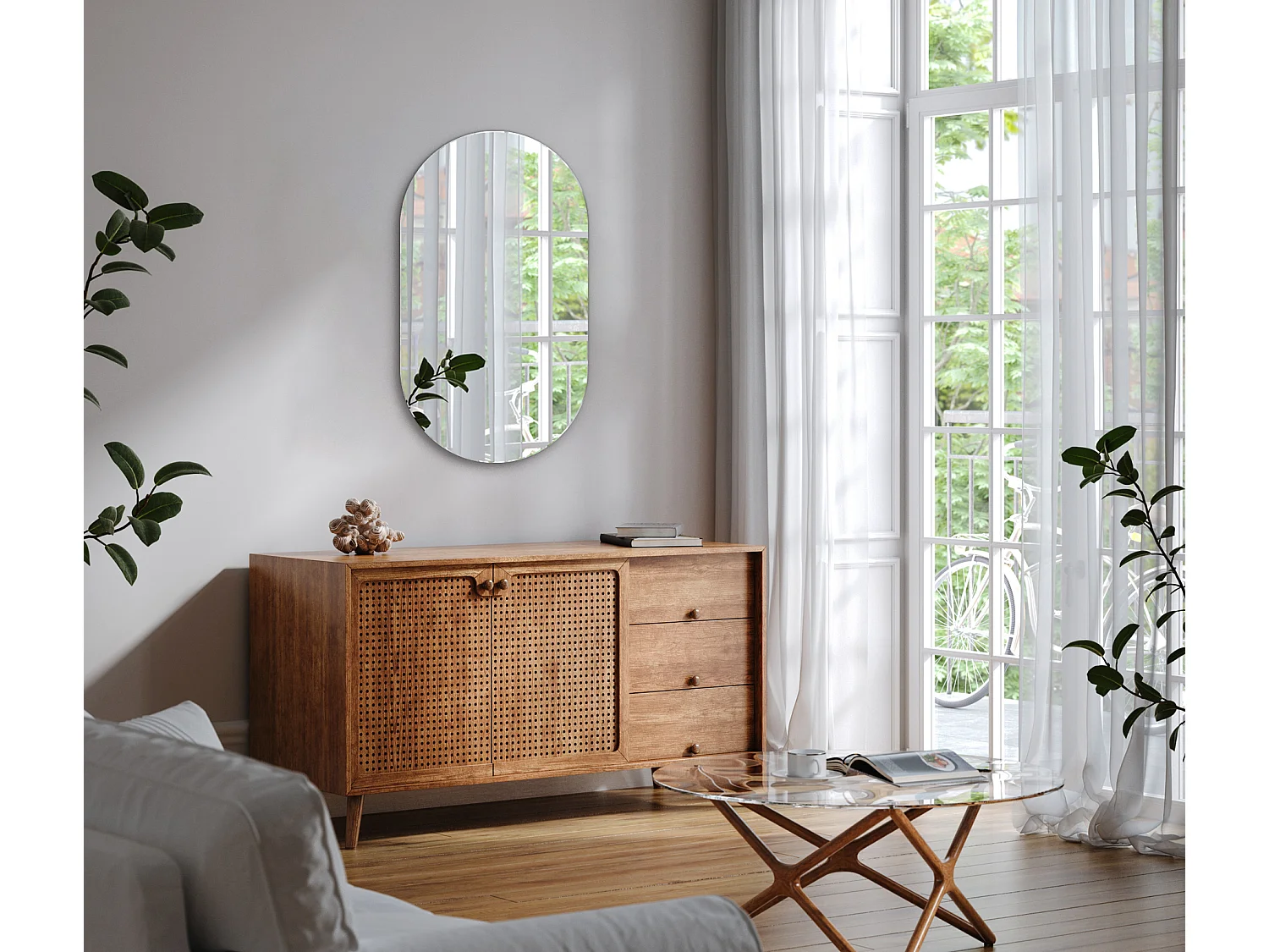 Silberner Wandspiegel für das Wohnzimmer, oval, 40 cm x 70 cm