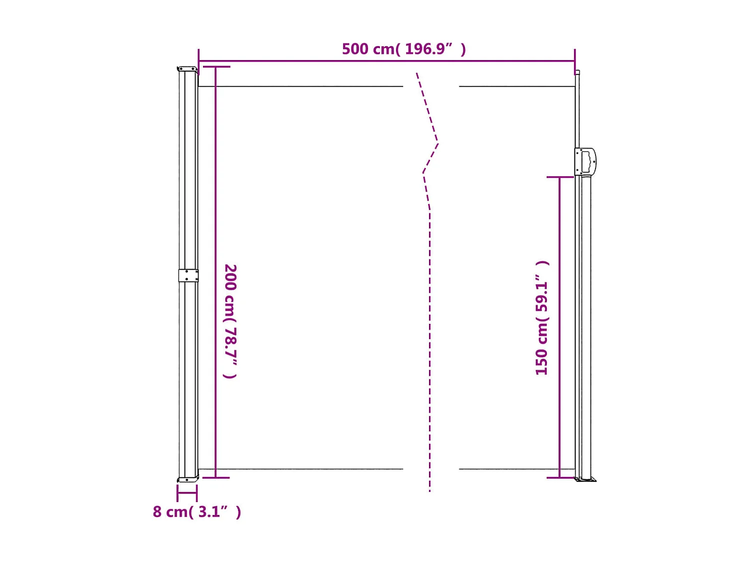 Toldo lateral retrátil 200x500 cm preto