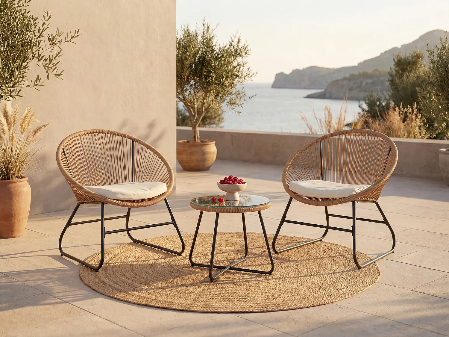 Garten Sitzgruppe aus Polyrattan: 2 Sessel & 1 Tisch - Holzfarben hell - PISALE von MYLIA