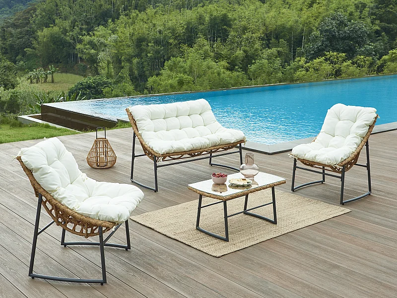 Salon de jardin en résine tressée : 1 canapé 2 places, 2 fauteuils et une table basse - Naturel clair - JONAH de MYLIA