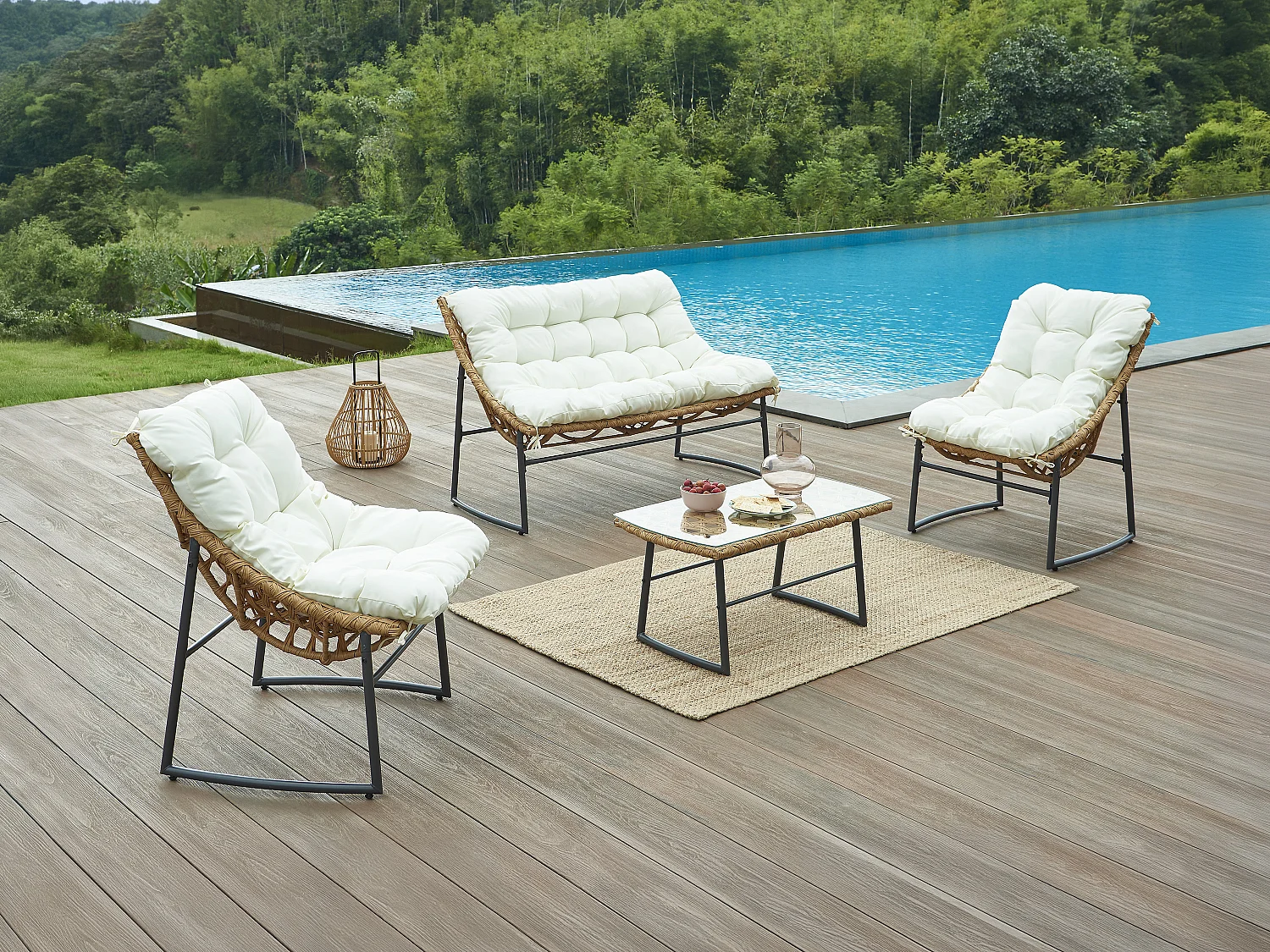 Salon de jardin en résine tressée : 1 canapé 2 places, 2 fauteuils et une table basse - Naturel clair - JONAH de MYLIA