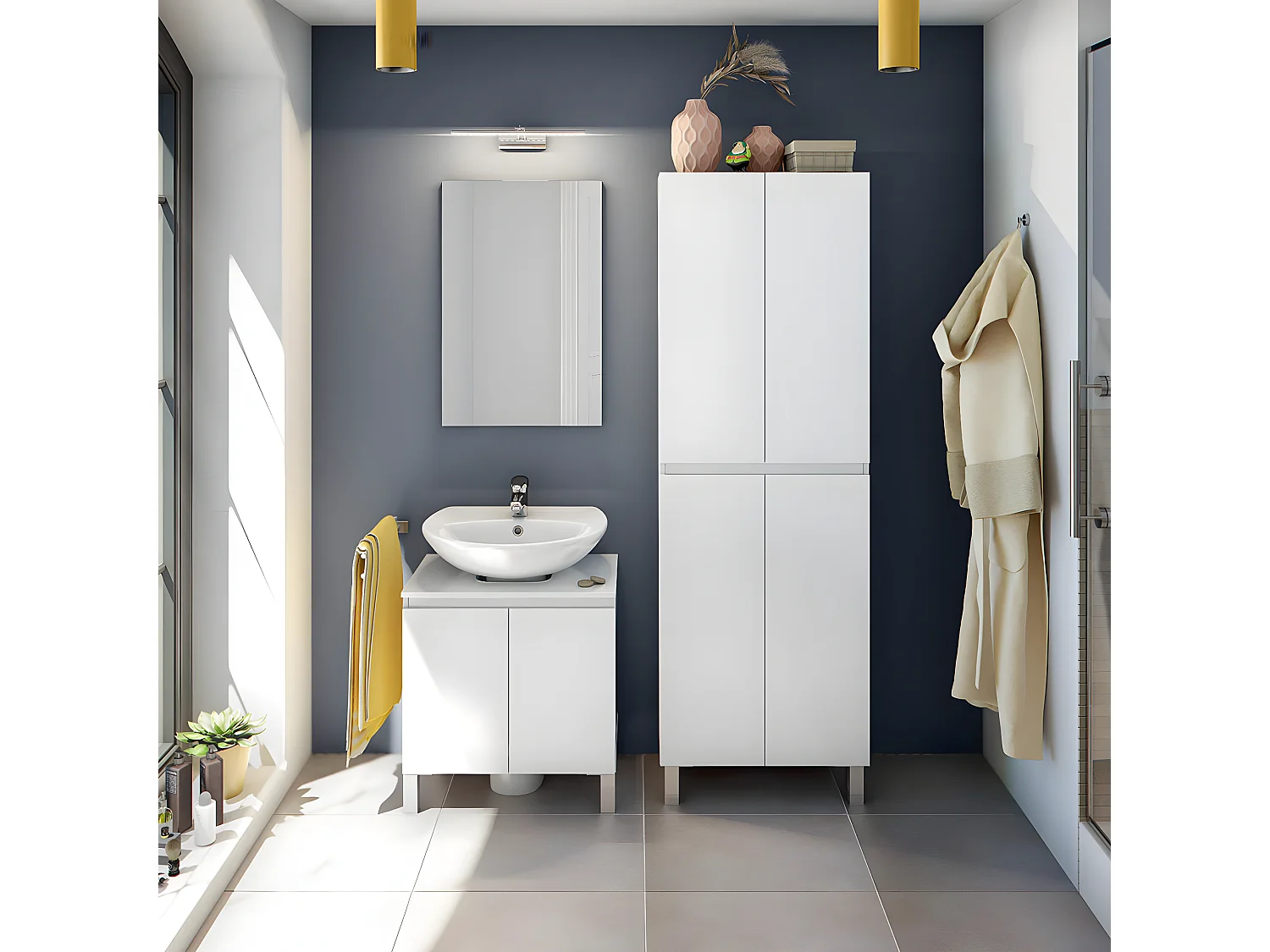 Colonne de salle de bain avec 4 portes sans poignée coloris blanc - Longueur 60 x Profondeur 35 x Hauteur 182 cm