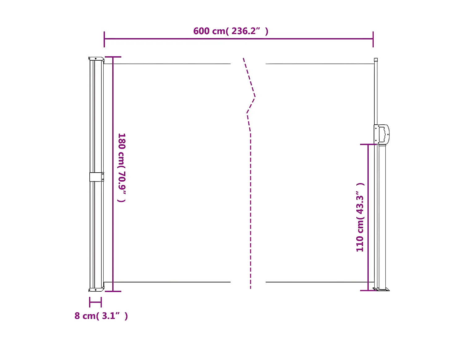 Toldo lateral retrátil 180x600 cm preto