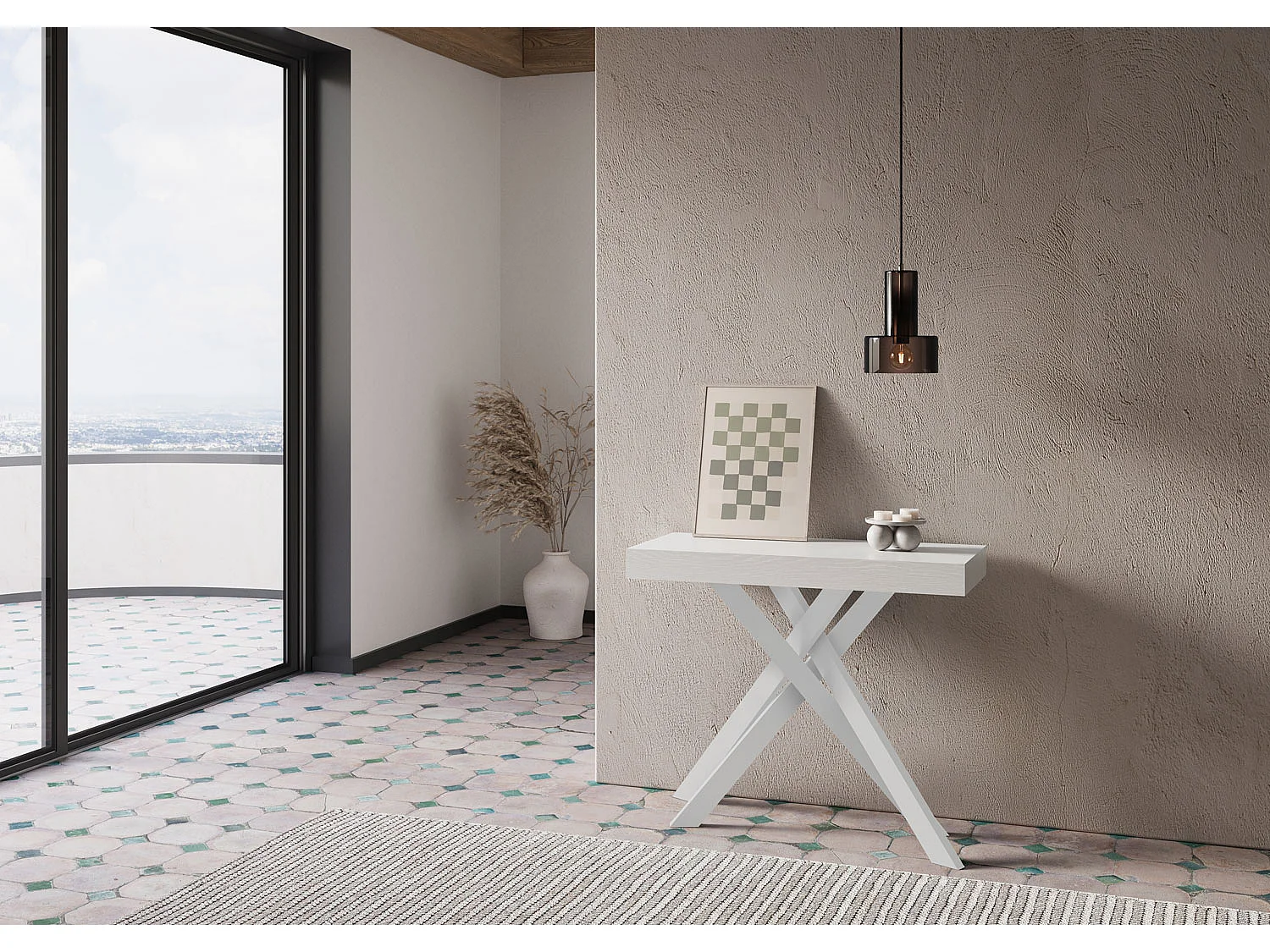 Console extensible 90x40/300 cm Krack frêne blanc pieds blancs