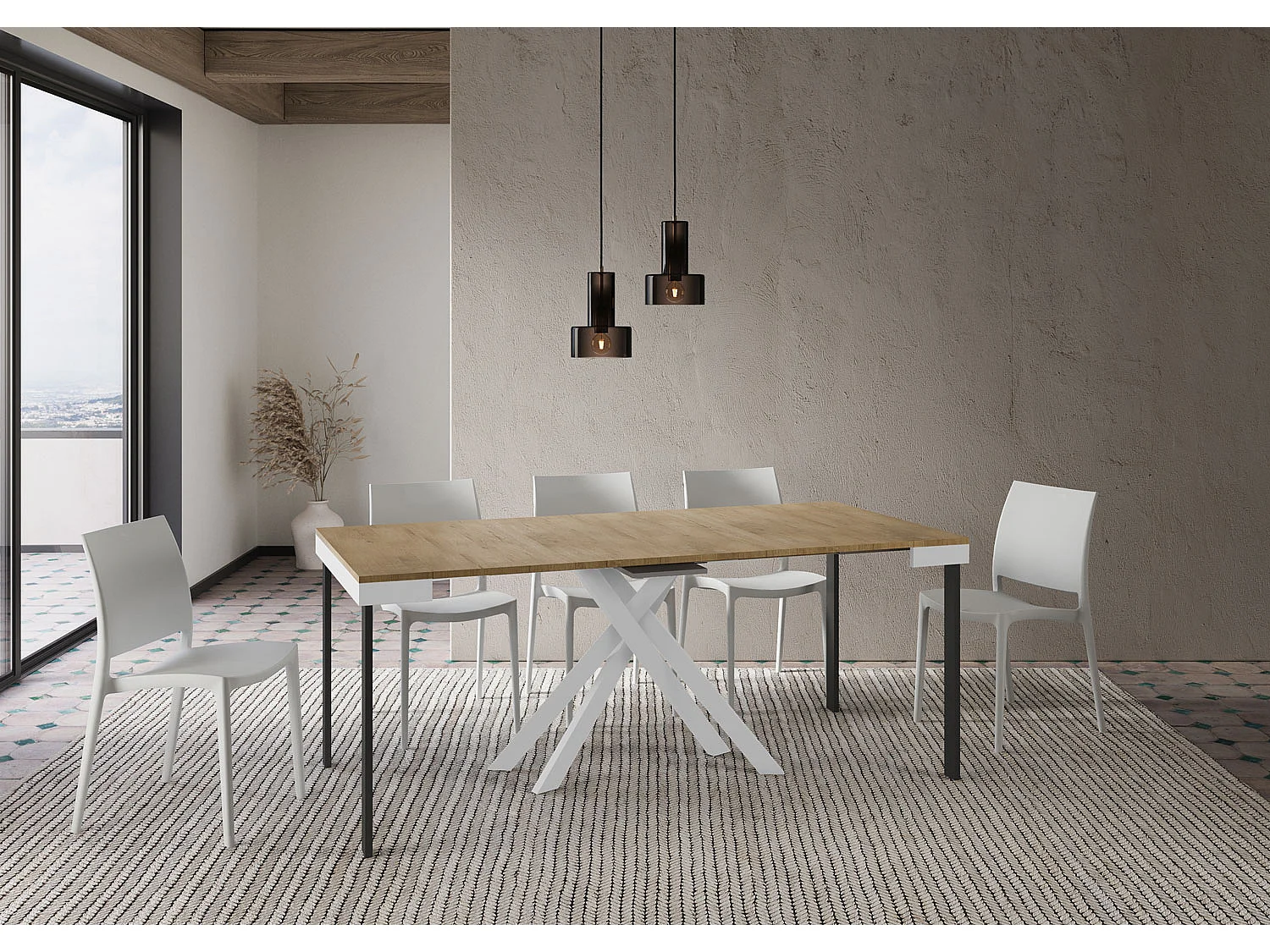 Ausziehbarer Konsolentisch 90x40/300 cm Krack Evolution Eiche Natur mit weißem Eisenrahmen