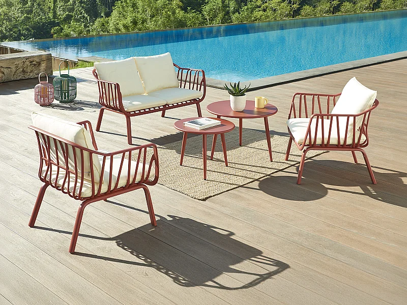 Tuinsalon van polypropyleen en metaal: 1 tweezitsbank, 2 fauteuils en 2 salontafels - Bordeaux - LOYNA van MYLIA