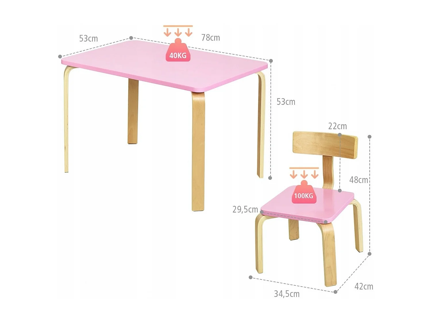Set tavolo e 2 sedie di legno per bambini per casa asilo e aule 78x53x53cm Rosa