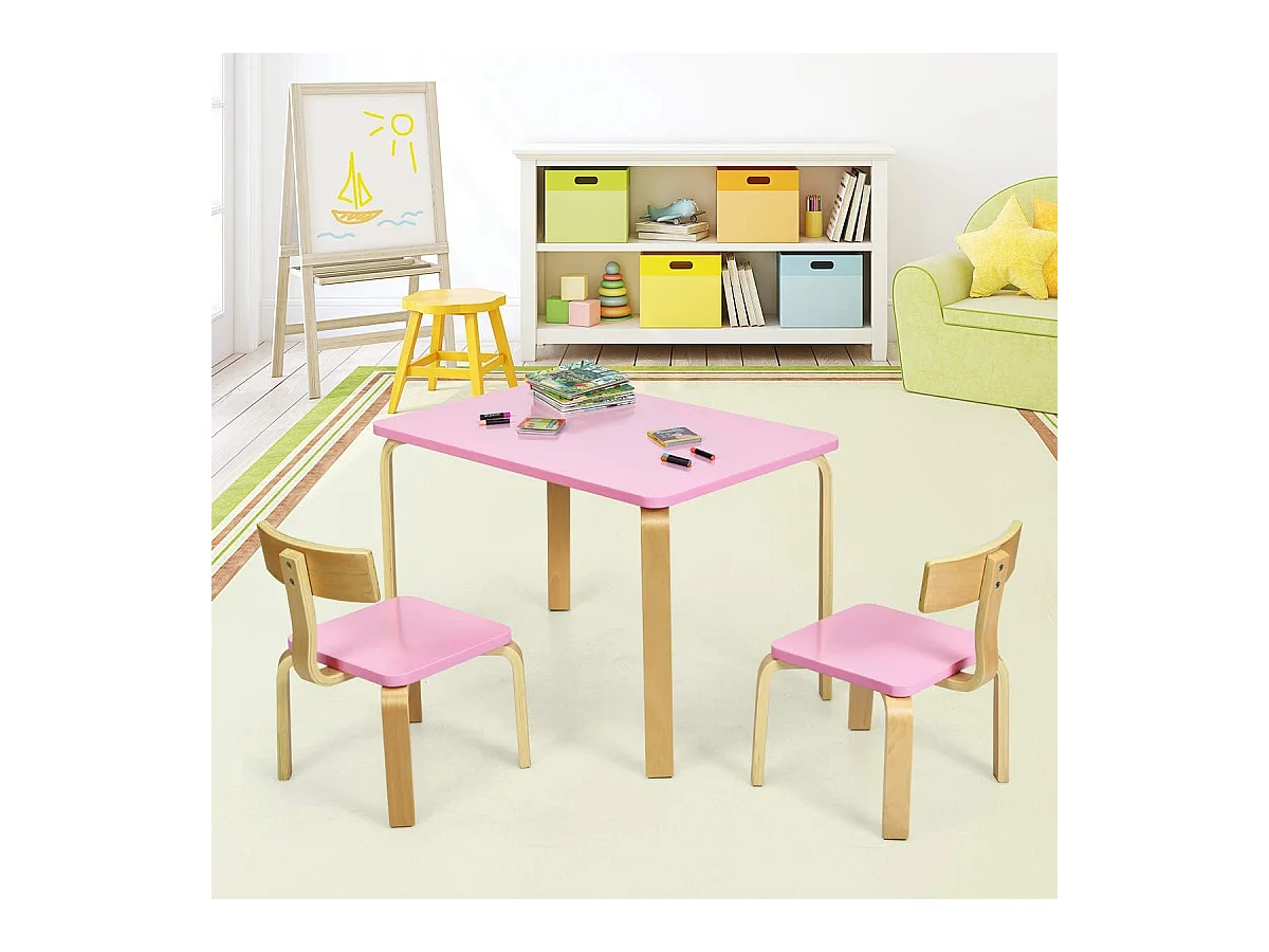 Kindertisch mit 2 Stühlen aus Holz 3tlg. Kindersitzgruppe Sitzgruppe für Kinder Rosa