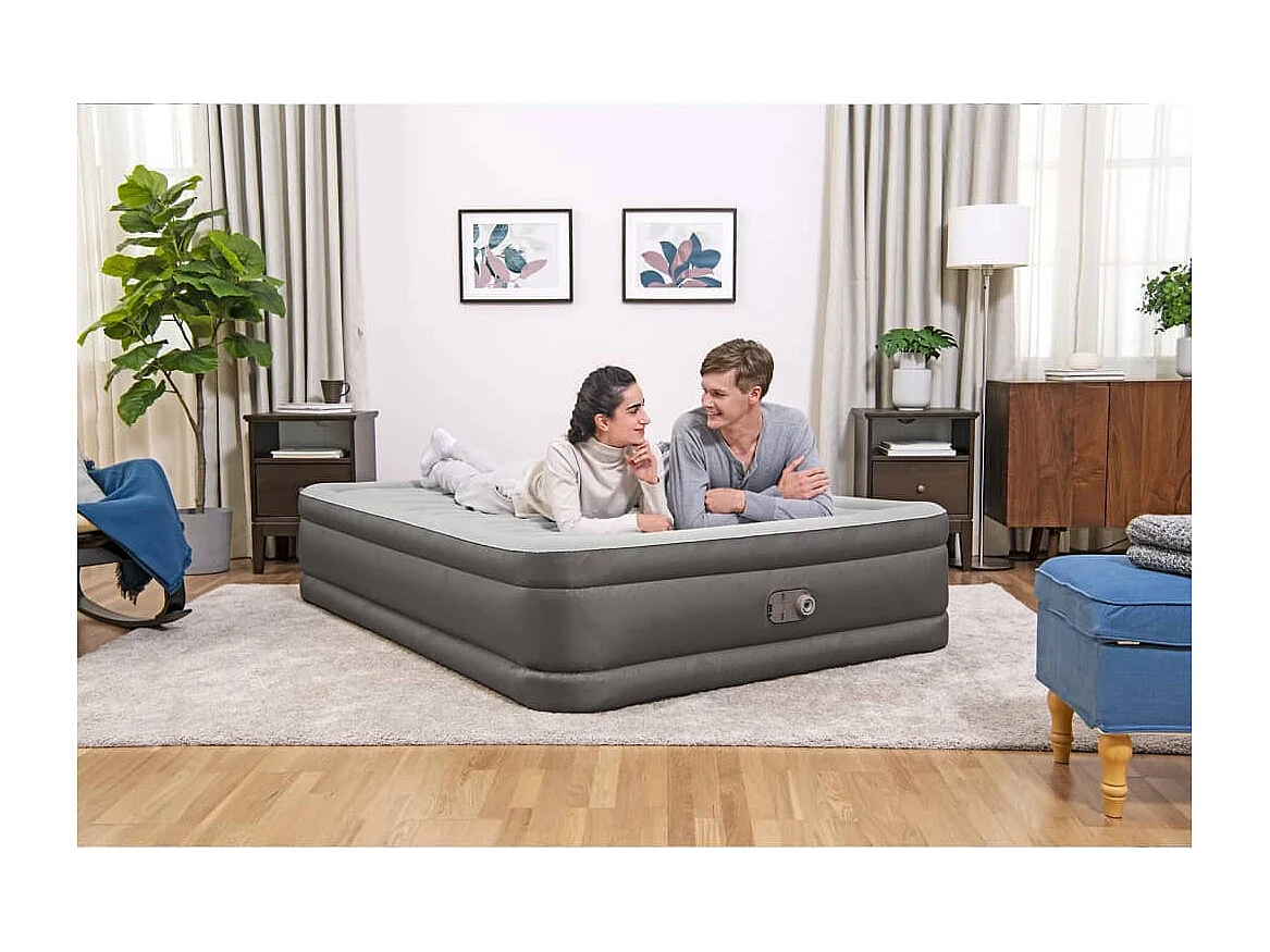 Colchón Hinchable de Aire Bestway Tough Guard 203x152x46cm Bomba Integrada | Soporta 350Kg | Tamaño Queen | Bolsa Almacenamiento