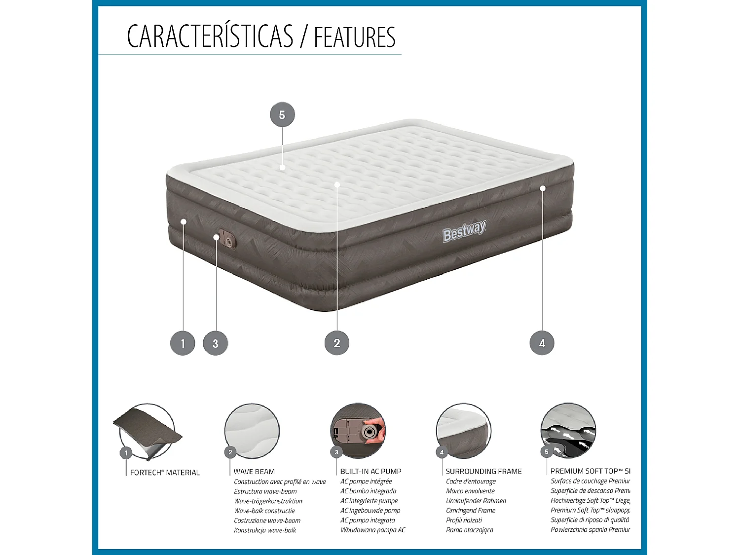 Colchón Hinchable de Aire Bestway Tough Guard 203x152x46cm Bomba Integrada | Soporta 350Kg | Tamaño Queen | Bolsa Almacenamiento