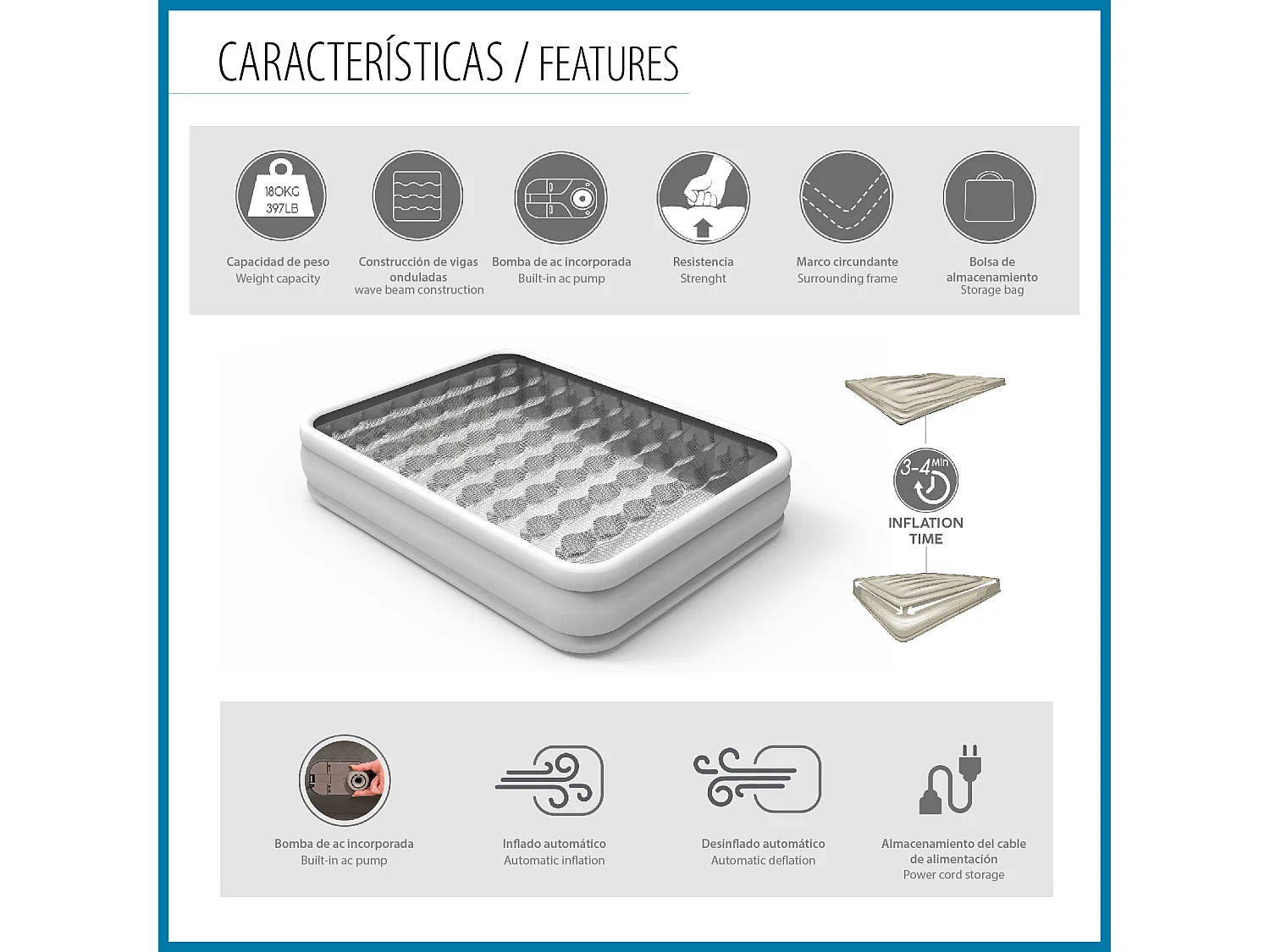 Lit gonflable Fortech avec pompe intégrée 203x152x46 cm