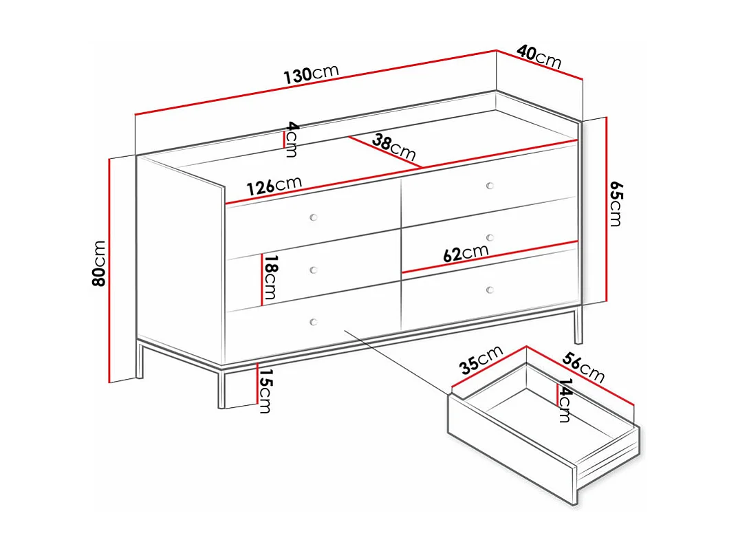 Commode Comfivo Etmore 101, Gris, Avec tiroirs, 80x130x40cm