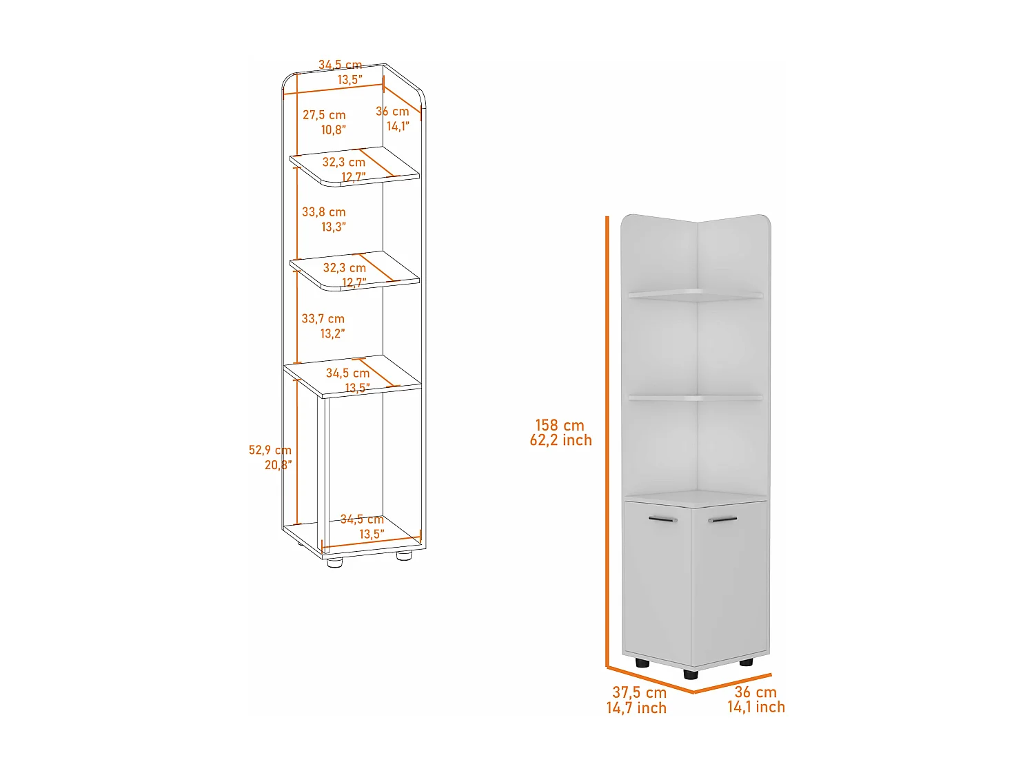 Torre de casa de banho Malibu em Melamina, com 2 portas e 3 prateleiras , 158 cm X 37.5 cm X 36 cm , Branco