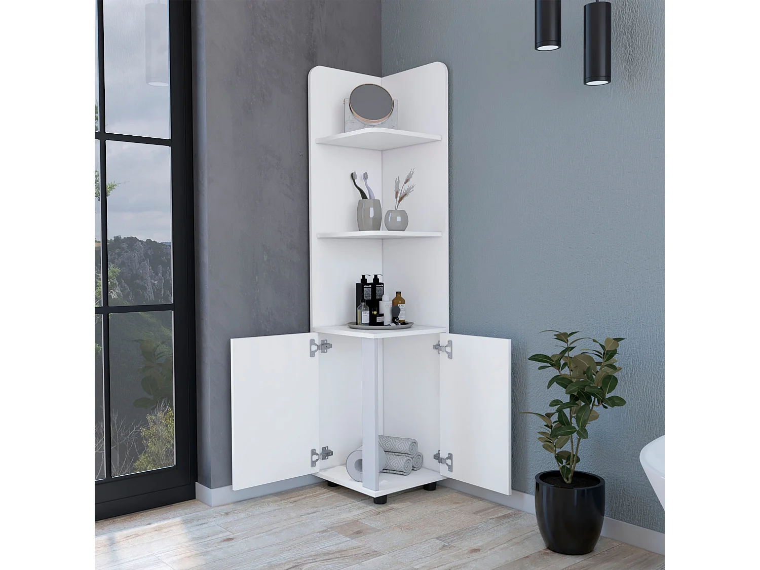 Torre de casa de banho Malibu em Melamina, com 2 portas e 3 prateleiras , 158 cm X 37.5 cm X 36 cm , Branco