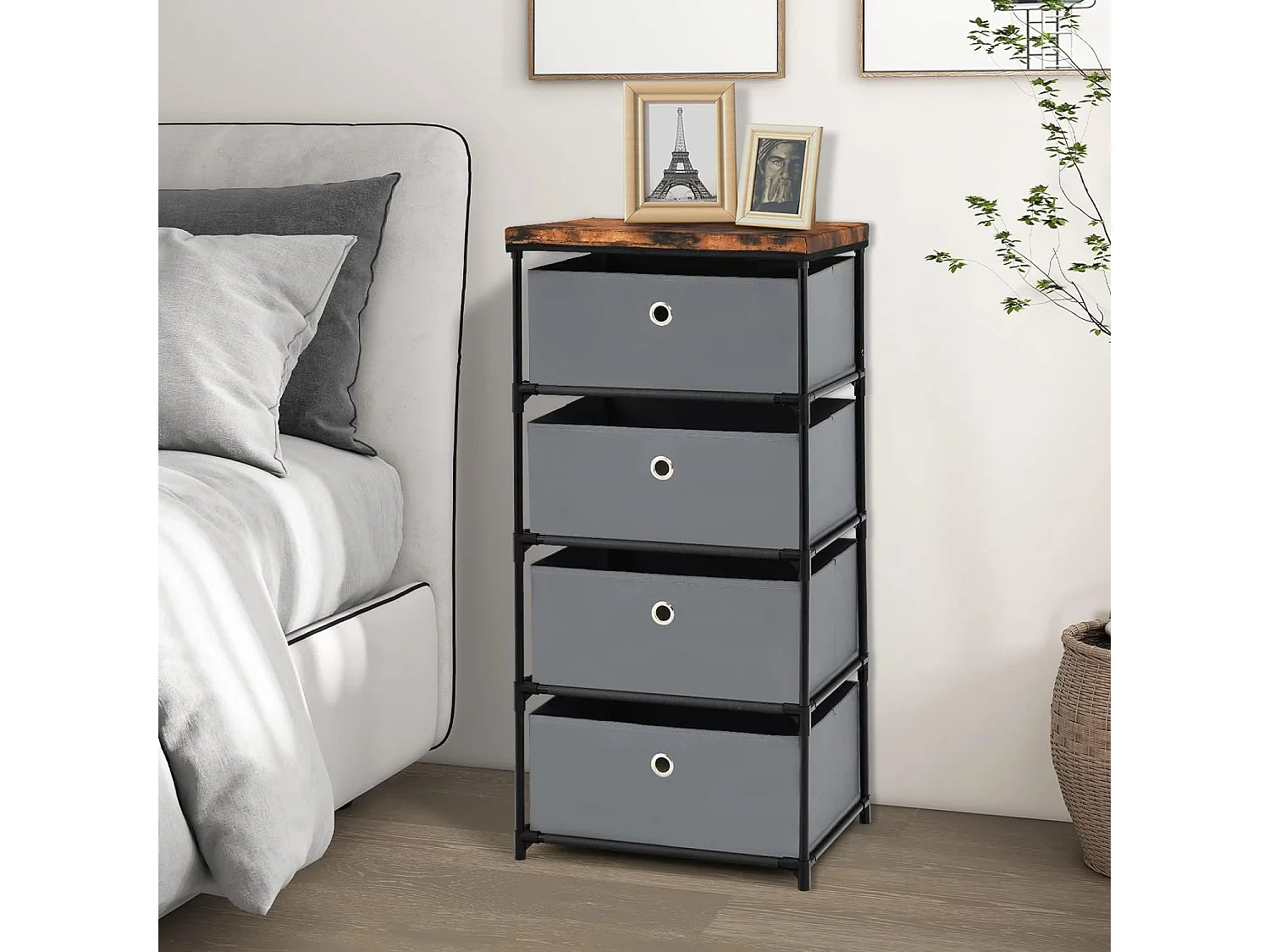 Commode 4 Tiroirs en Tissu Commode Chambre avec Cadre en Métal et Plateau Commode Haute pour Chambre Adulte/Enfant 42 x 33,5 x 84,5cm  Gris