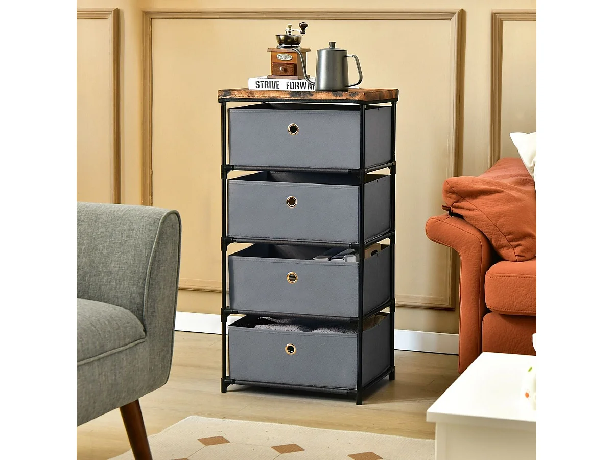 Commode 4 Tiroirs en Tissu Commode Chambre avec Cadre en Métal et Plateau Commode Haute pour Chambre Adulte/Enfant 42 x 33,5 x 84,5cm  Gris