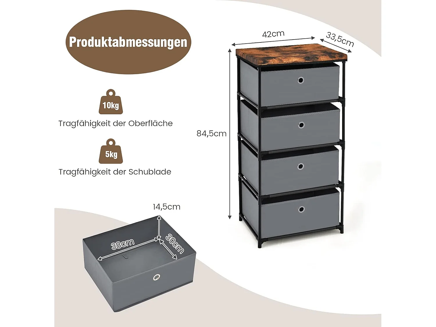 Nachttisch 4 Schubladen Aufbewahrungsschrank Stoffkommode für Schlafzimmer 42 x 33,5 x 84,5 cm Grau
