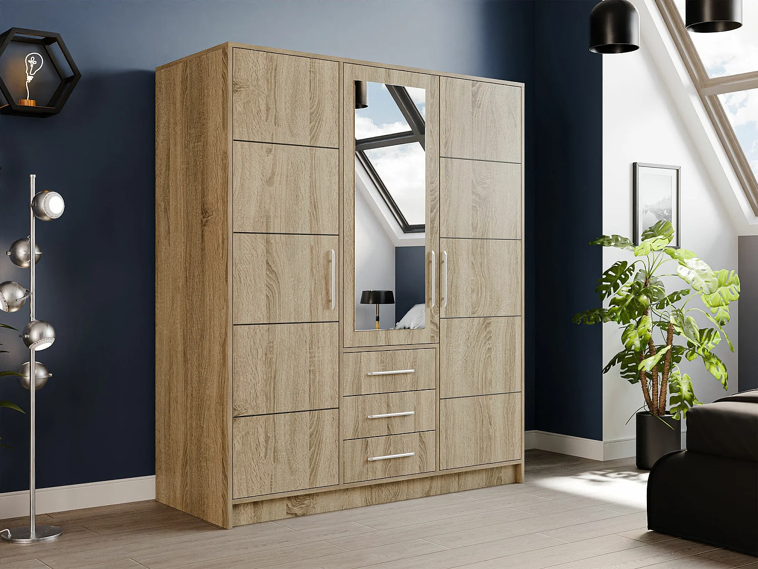 Armoire Dortivu 148, Sonoma chêne, 200x147x58cm, Portes d'armoire: Avec des charnières