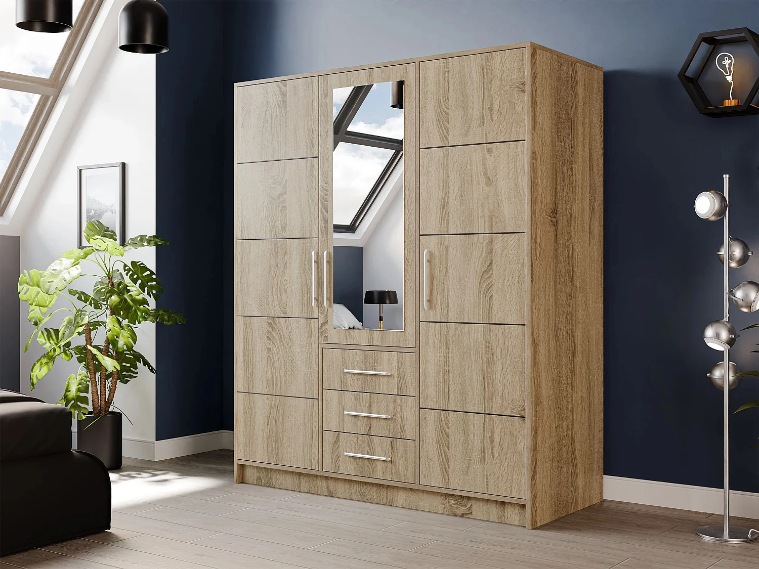 Armoire Dortivu 148, Sonoma chêne, 200x147x58cm, Portes d'armoire: Avec des charnières