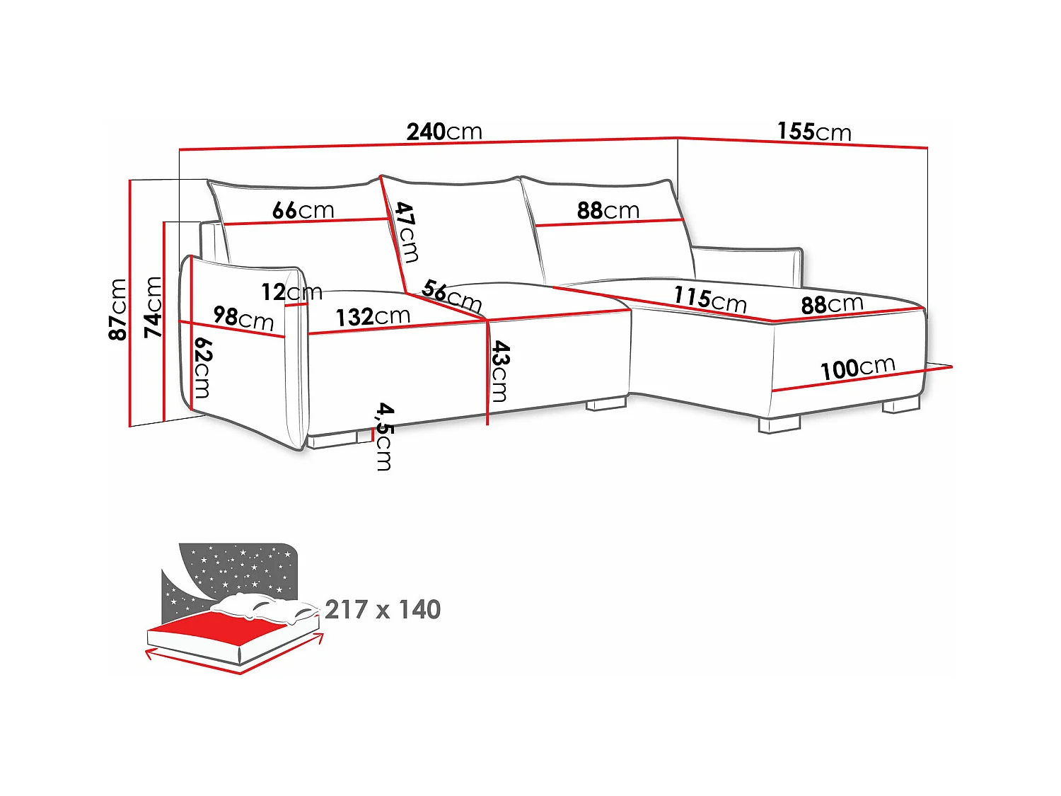 Canapé d'angle Columbus 226, Gris, Fonction de couchage, Boîte de literie, 240x155x87cm