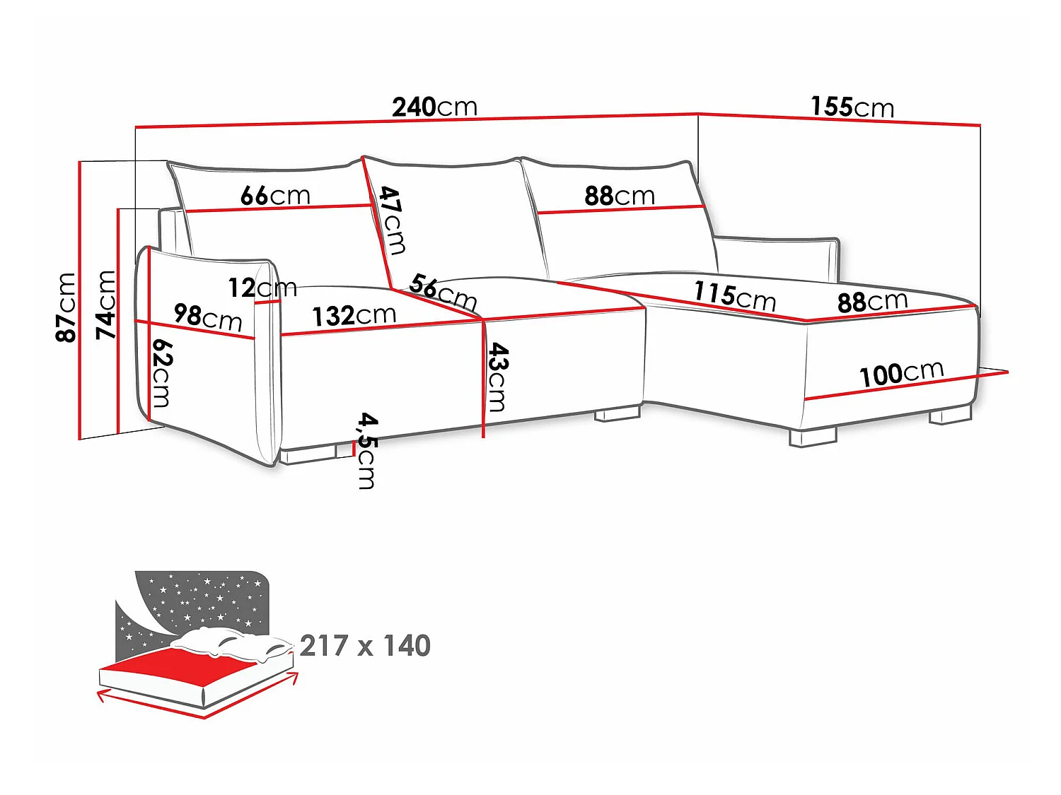 Canapé d'angle convertible 3 places en tissu gris clair COLUMBUS