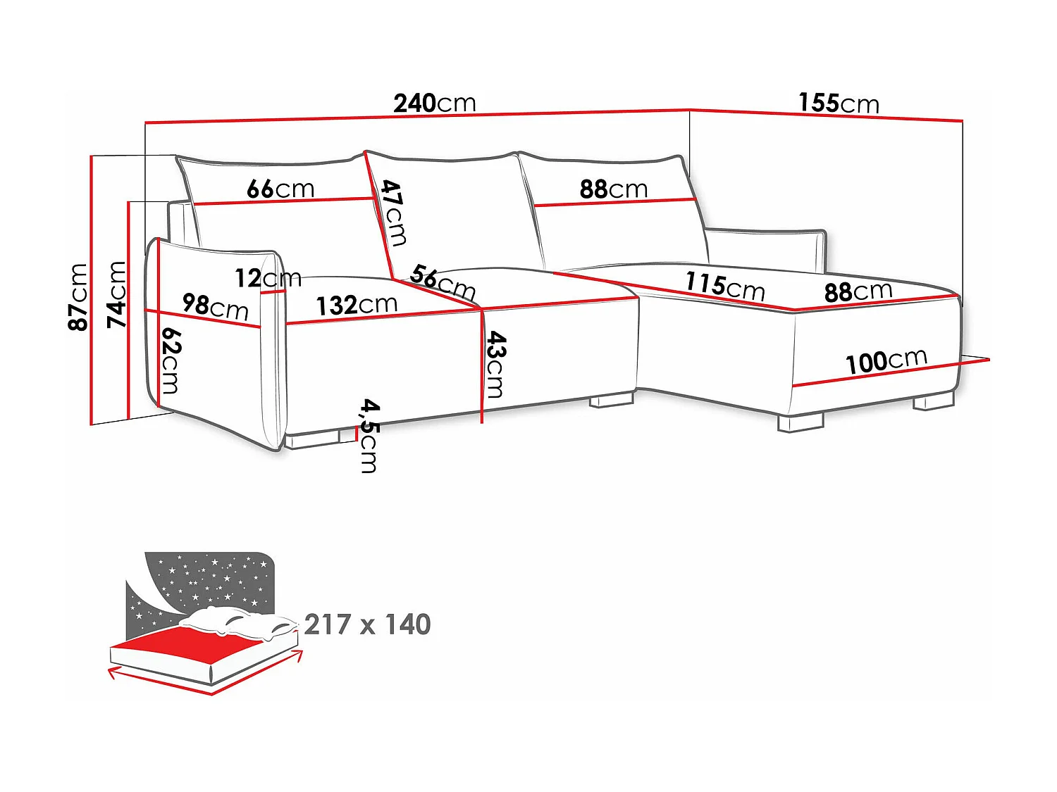 Canapé d'angle Columbus 226, Noir, Fonction de couchage, Boîte de literie, 240x155x87cm