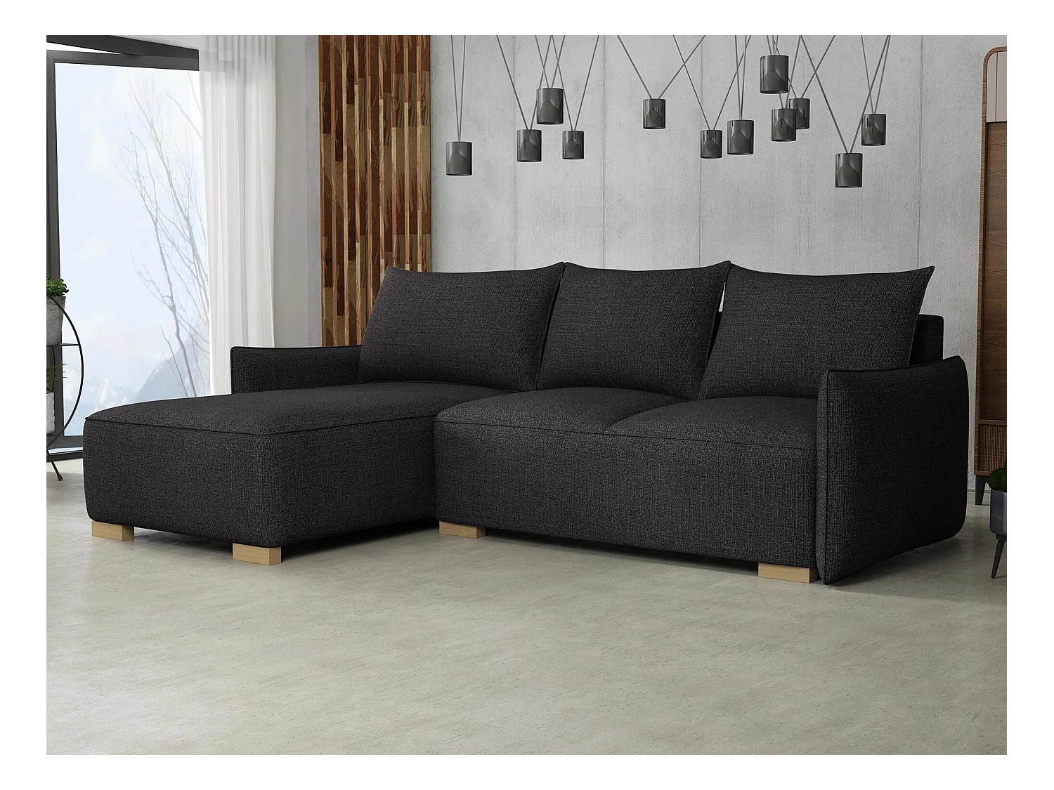 Canapé d'angle Columbus 226, Noir, Fonction de couchage, Boîte de literie, 240x155x87cm