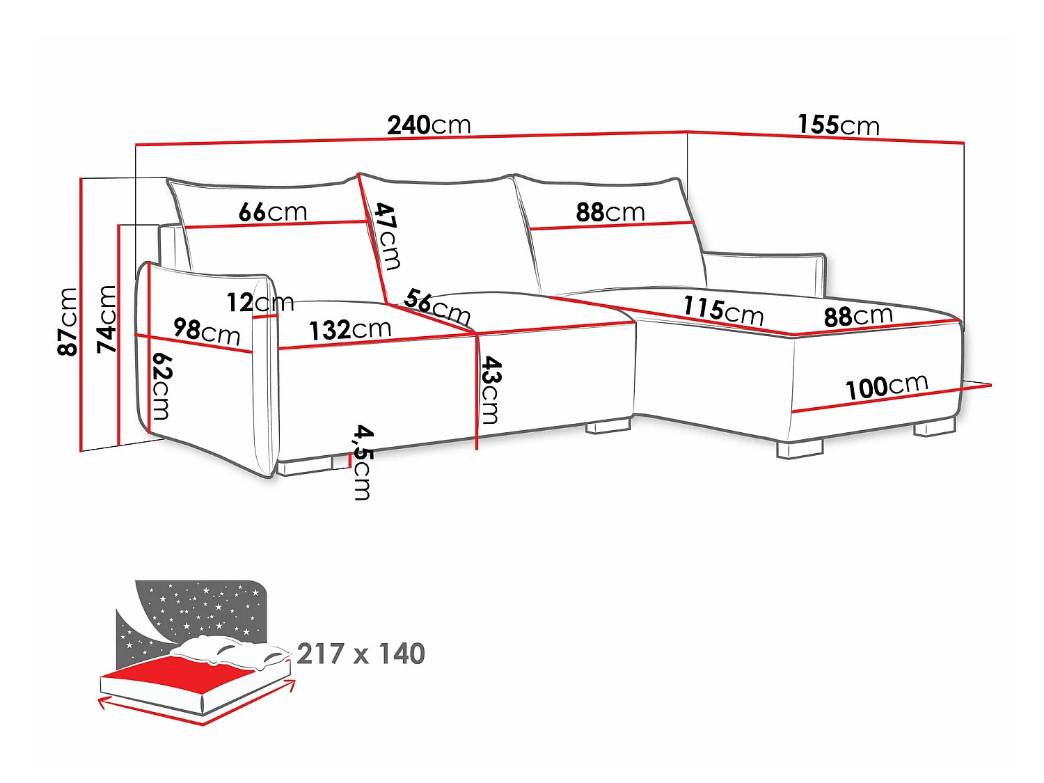 Canapé d'angle convertible 3 places en tissu noir COLUMBUS