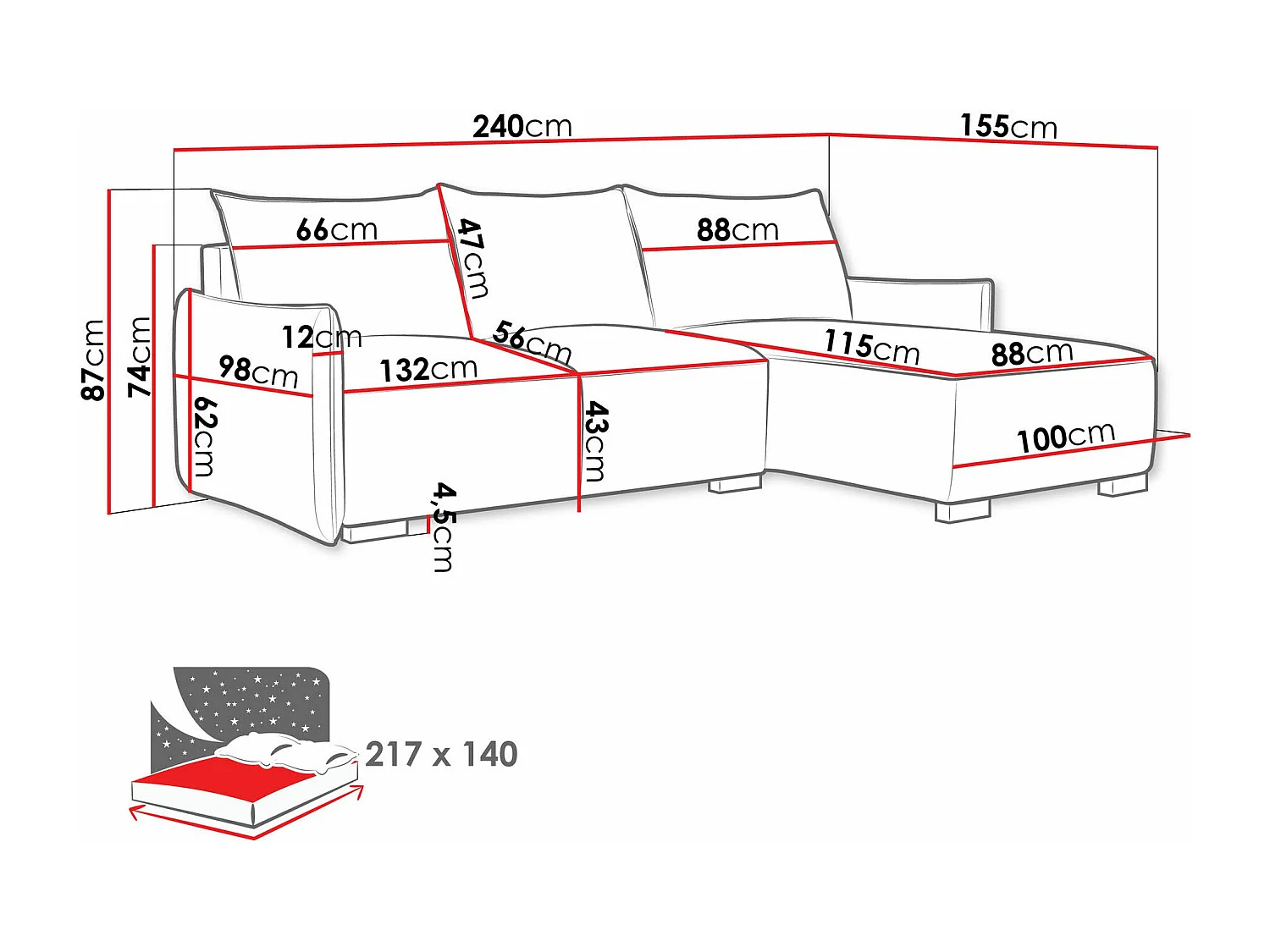 Canapé d'angle Columbus 226, Bleu, Disponible, 240x155x87cm
