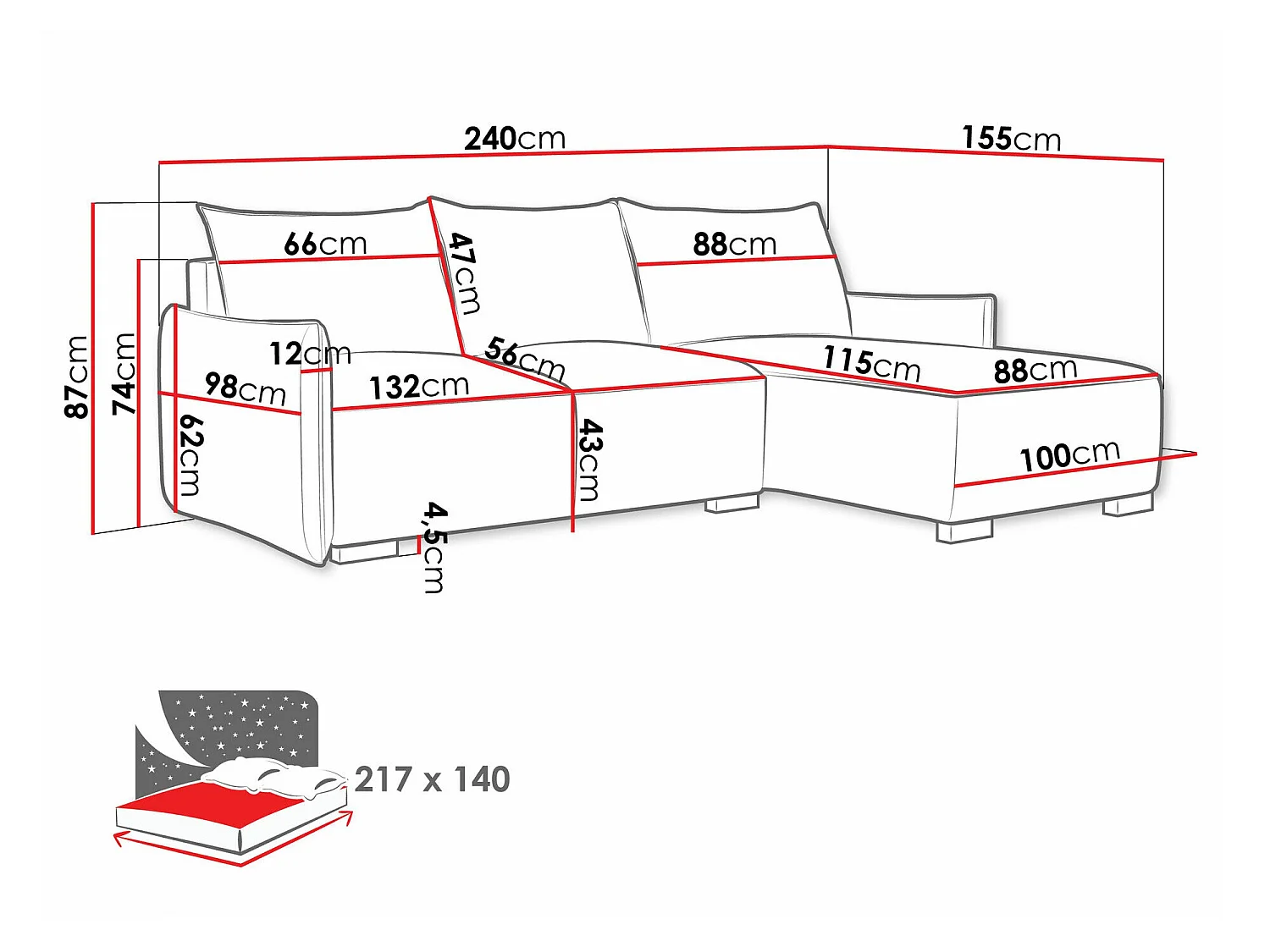 Canapé d'angle convertible 3 places en tissu bleu COLUMBUS