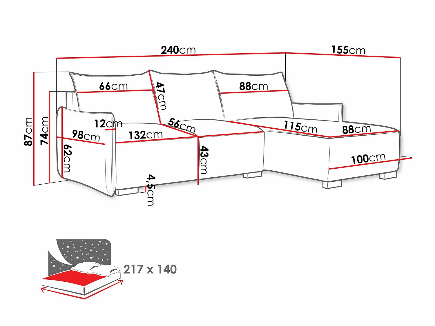 Canapé d'angle convertible 3 places en tissu gris COLUMBUS