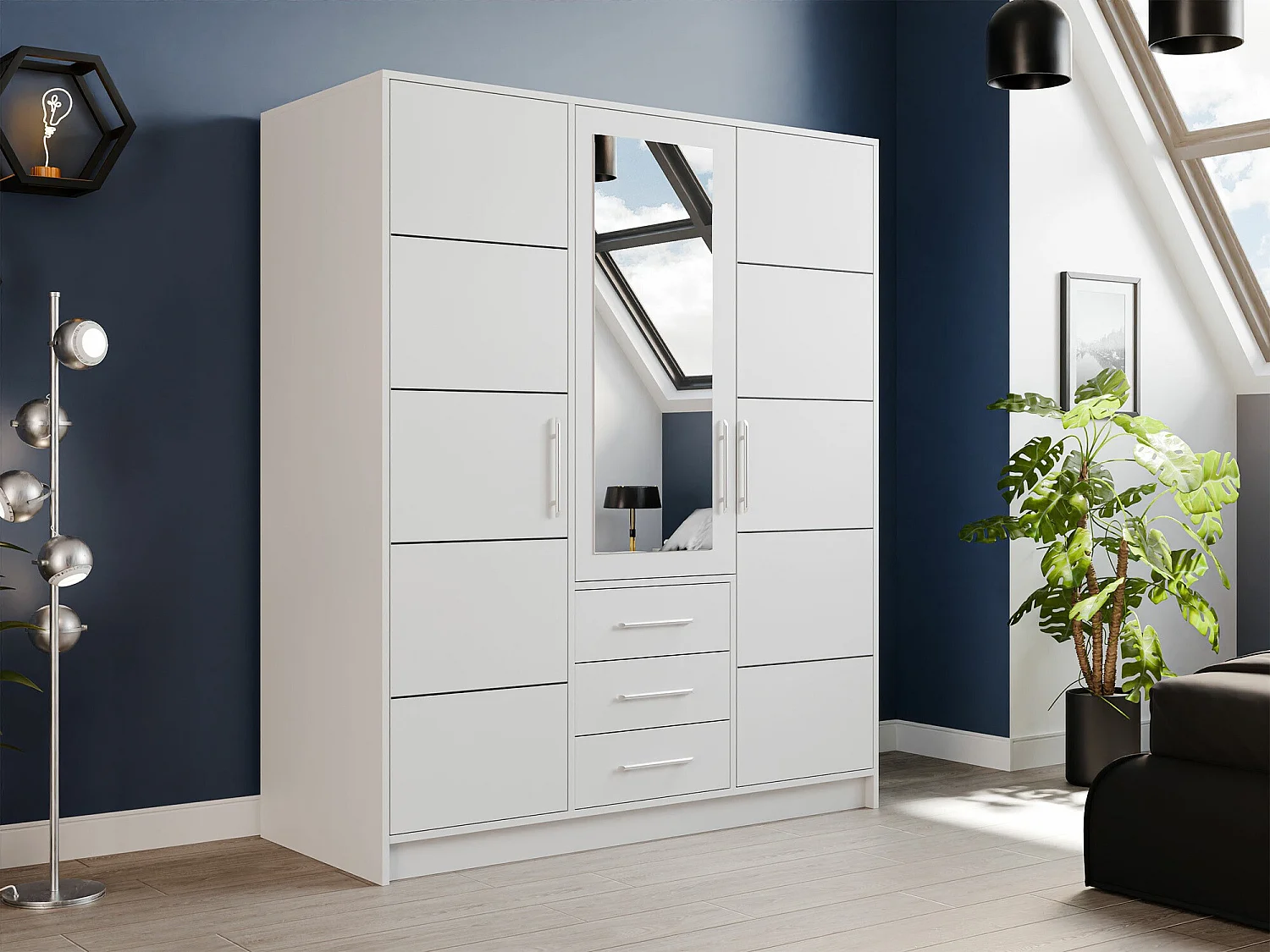 Armoire Dortivu 148, Blanc, 200x147x58cm, Portes d'armoire: Avec des charnières