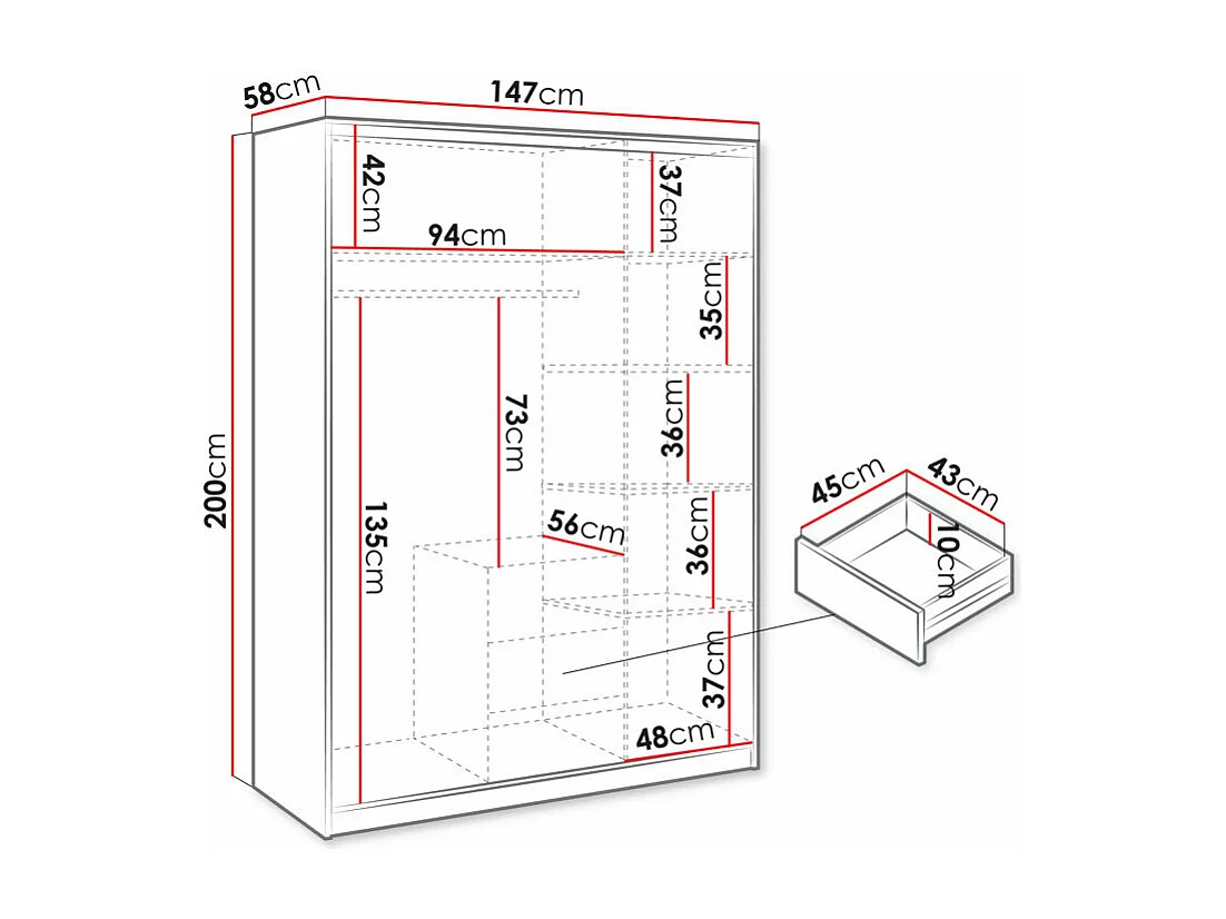 Armoire Dortivu 148, Blanc, 200x147x58cm, Portes d'armoire: Avec des charnières