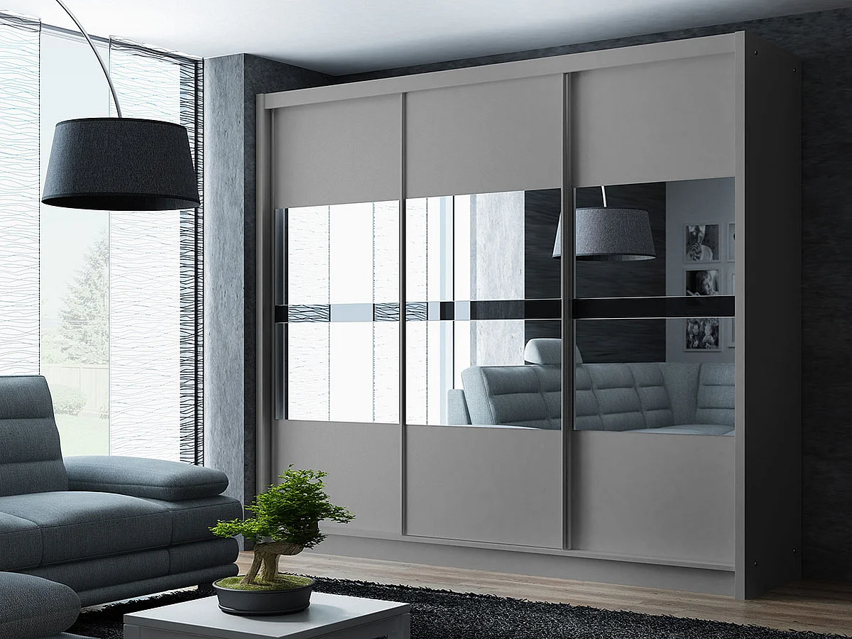 Armoire Honolulu 233, Noir|Graphite, 215x250x61cm, Portes d'armoire: Coulissantes
